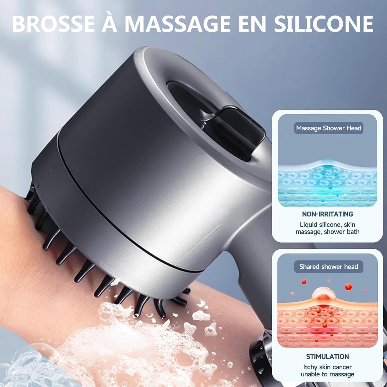 Pommeau de douche haute pression anticalcaire avec flexible de 1,5 m et support de douche, 4 types de jets, gris - 5