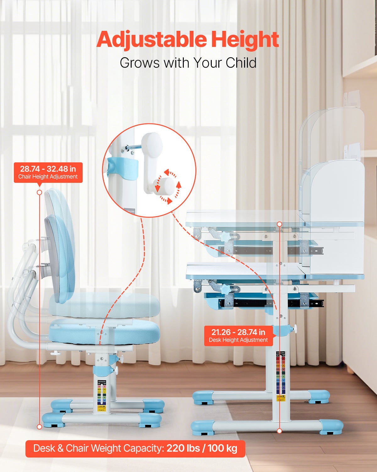 Ensemble Bureau Enfant VEVOR avec Chaise Réglable en Hauteur, Tiroir et Bureau Inclinable 0-40°, Chambre Bleue - 2