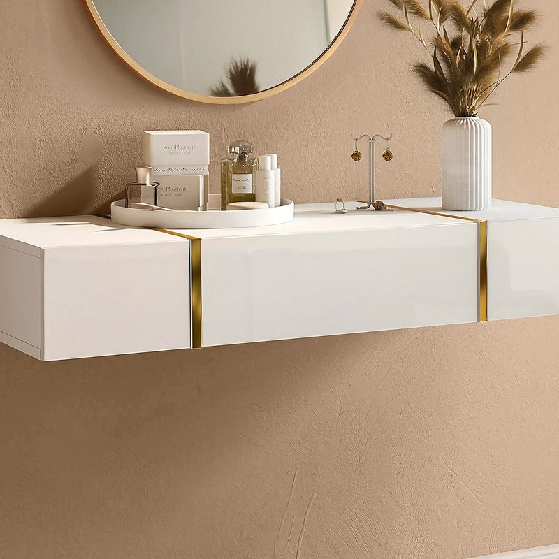 Wisząca konsola 3-drzwiowa - Błyszcząca biel i złoto - MARZIALO