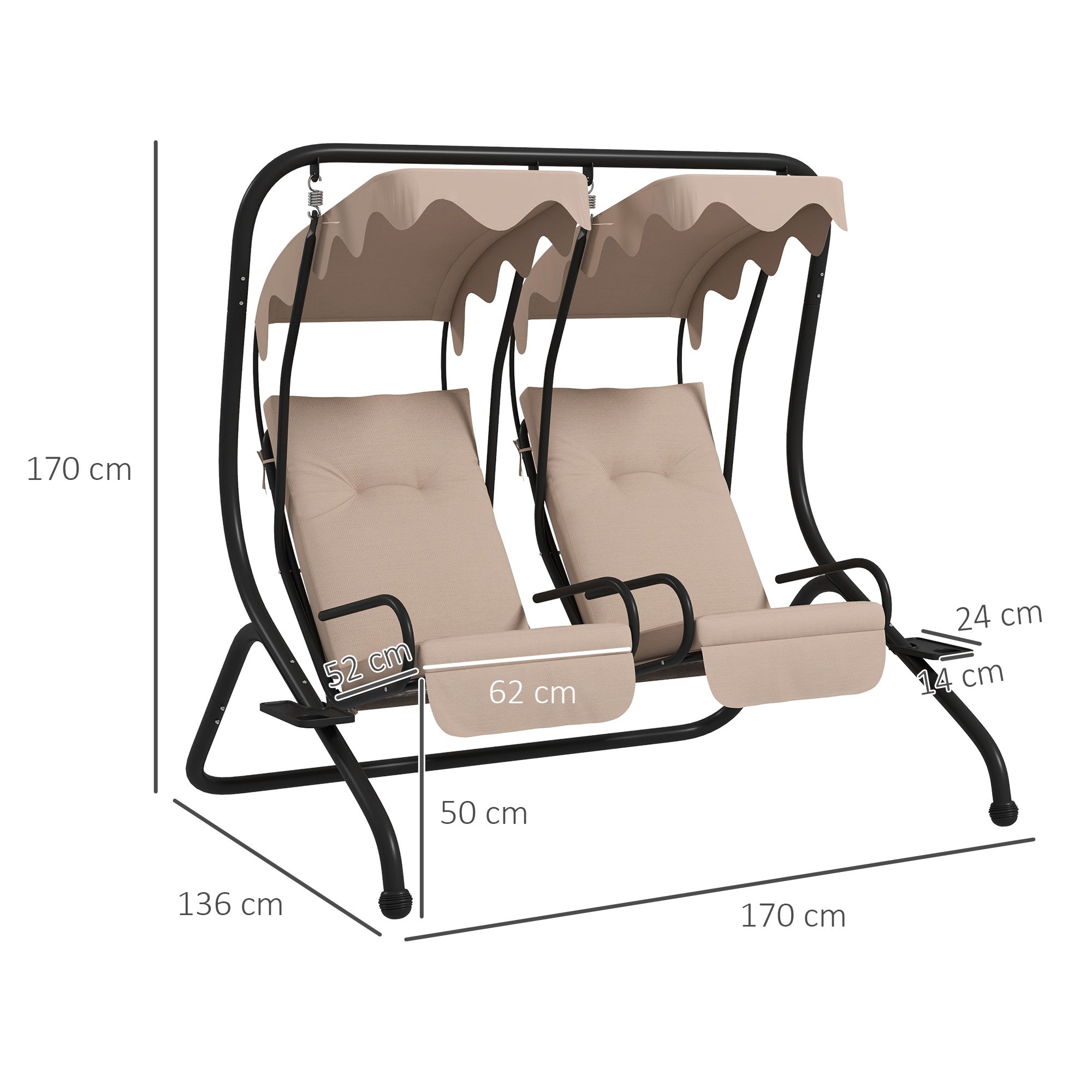 Balançoire de jardin Hollywood, résistante aux intempéries, 2 tailles disponibles, 2 porte-gobelets, 170 cm x 136 cm x 170 cm, beige - 5