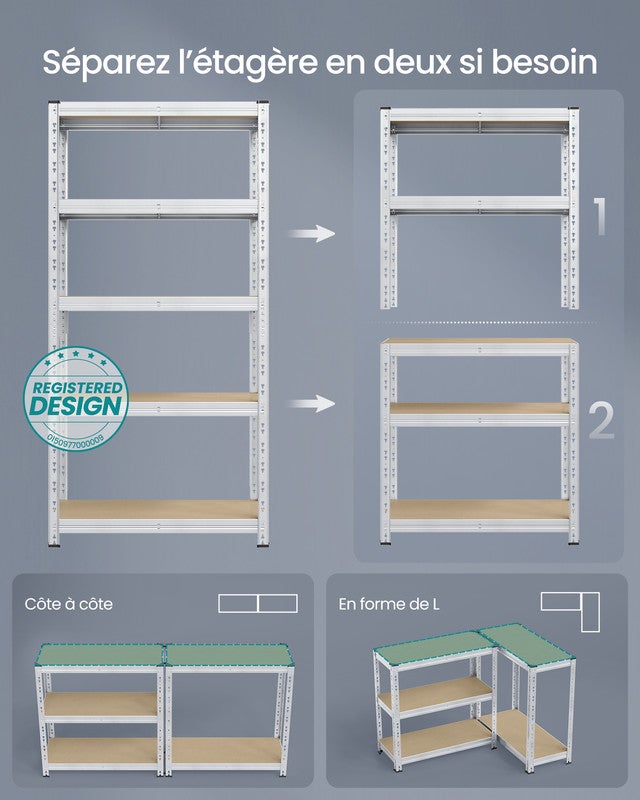 Étagère de Rangement Charge Lourde, Lot de 2, Étagère de Garage 40 x 90 x 180 cm, Capacité de Charge Jusqu’à 875 kg,Tablettes Réglables, Argent - 6