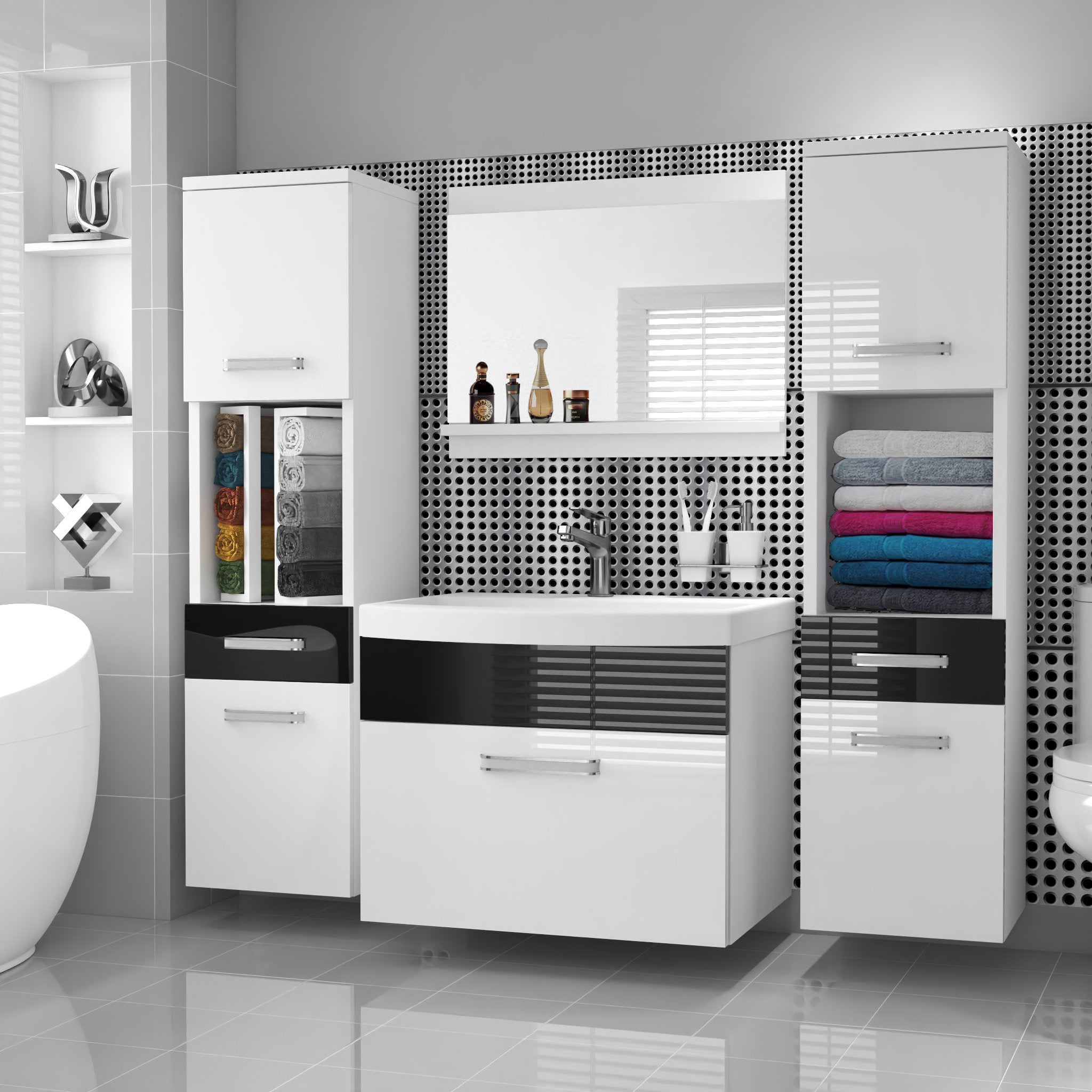 BELINI Meuble de Salle de Bain PRI P6 - 120 cm. Blanc / Noir Brillant, Ensemble Complet Suspendu Meuble Sous Vasque avec Miroir - 2