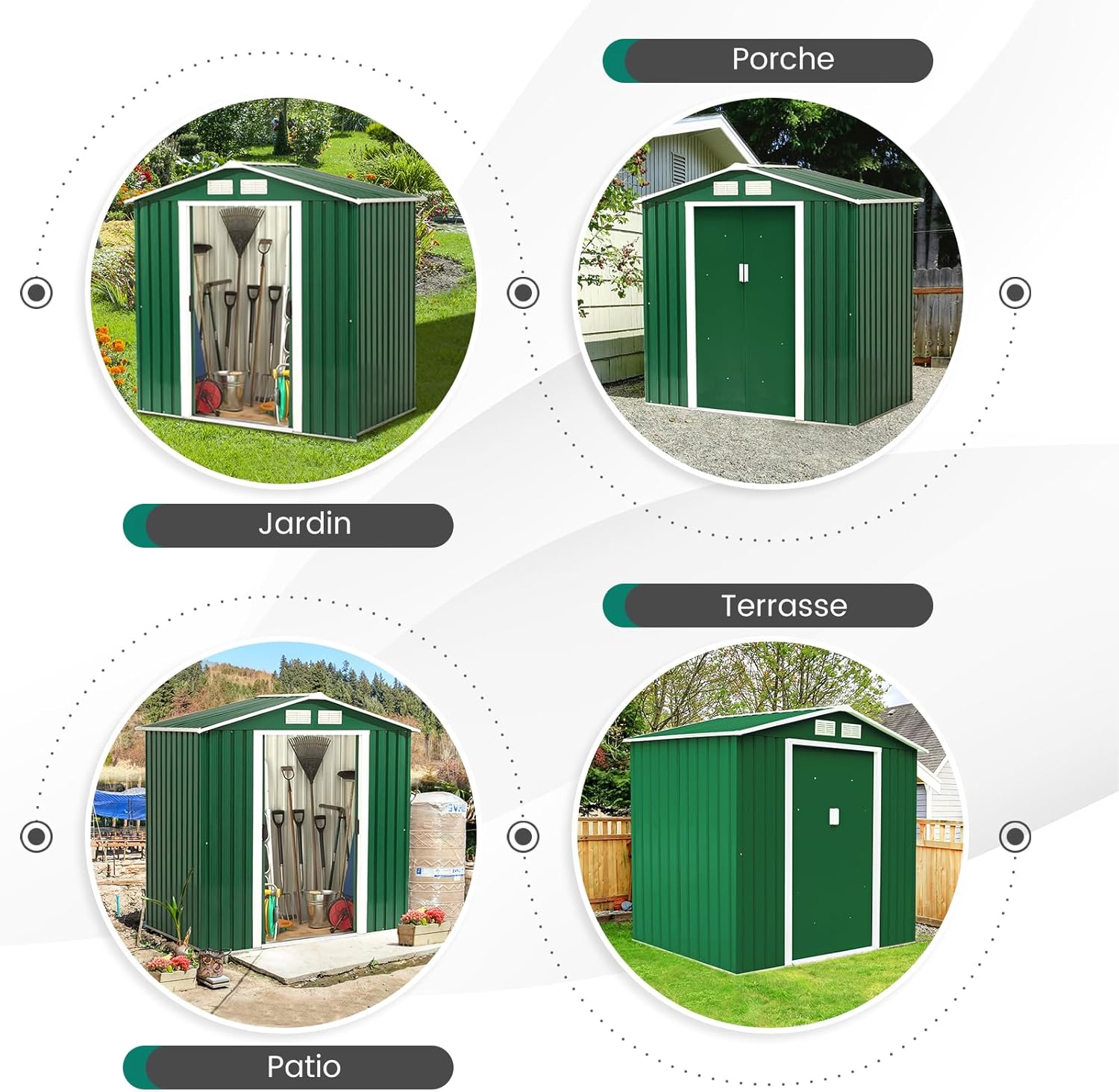2,37㎡ Abri de Jardin Métal Galvanisé avec Base, 213 x 127 x 185 cm, Cabane de Rangement à Outils avec Portes Coulissantes&Fenêtres, 4,39m³ Vert - 6