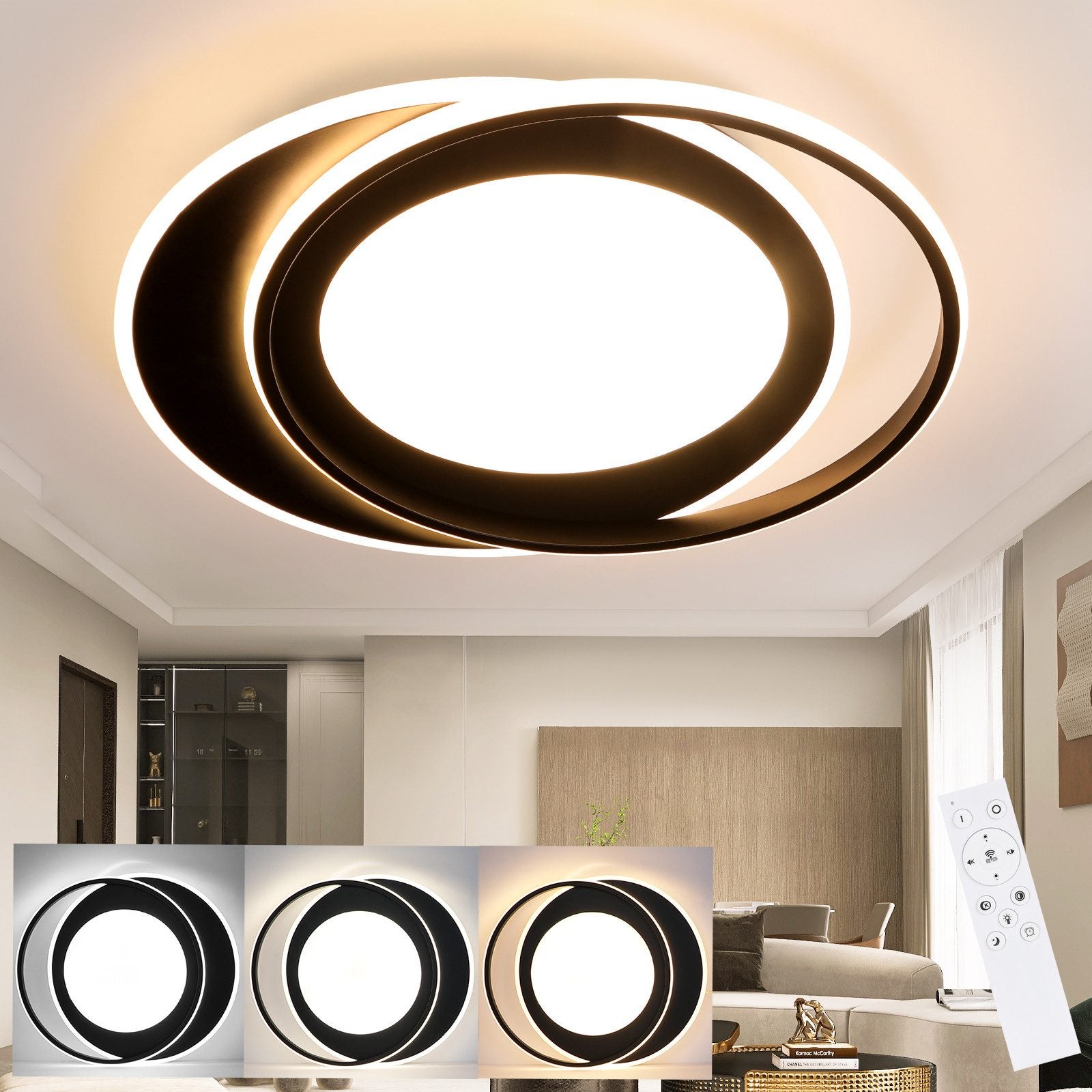 ZMH Nowoczesna lampa sufitowa LED z podwójnym pierścieniem i akrylową taśmą świetlną sterowaną pilotem