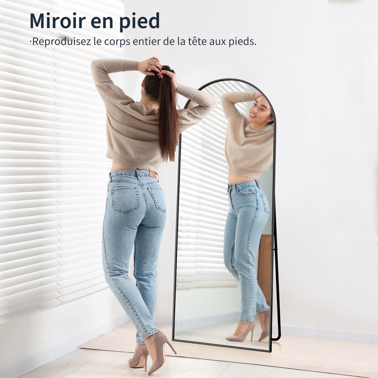 Miroir sur pied - l.54 x H.164 cm - Grand miroir incurvé HD - cadre en alliage d'aluminium - Miroir Mural haute définition en Verre Trempé - Noir - 2