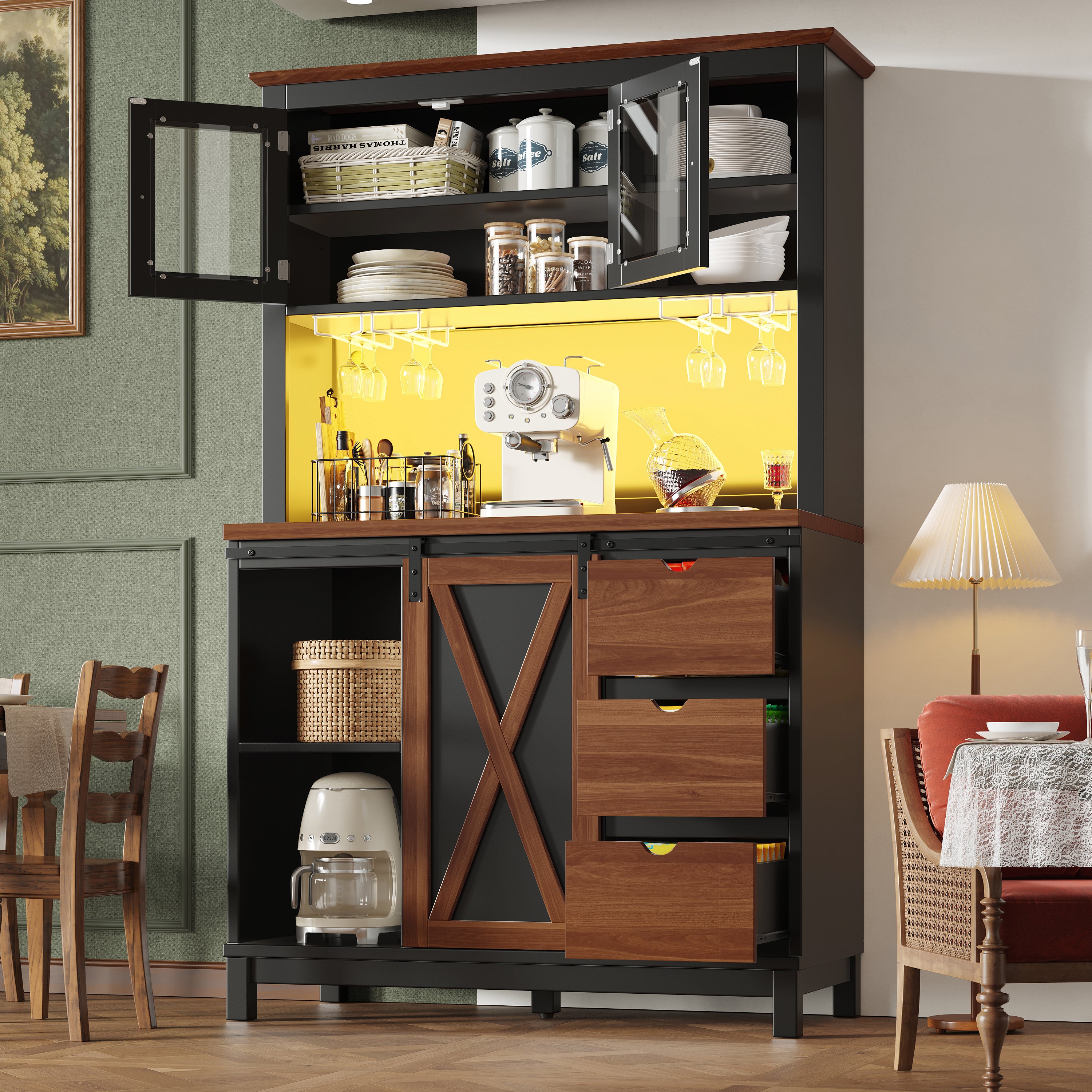 Buffet de cuisine haut avec 3 portes, 3 tiroirs et compartiments - 104 x 40 x 180 cm - MDF + verre - LEDs - Noir - 4