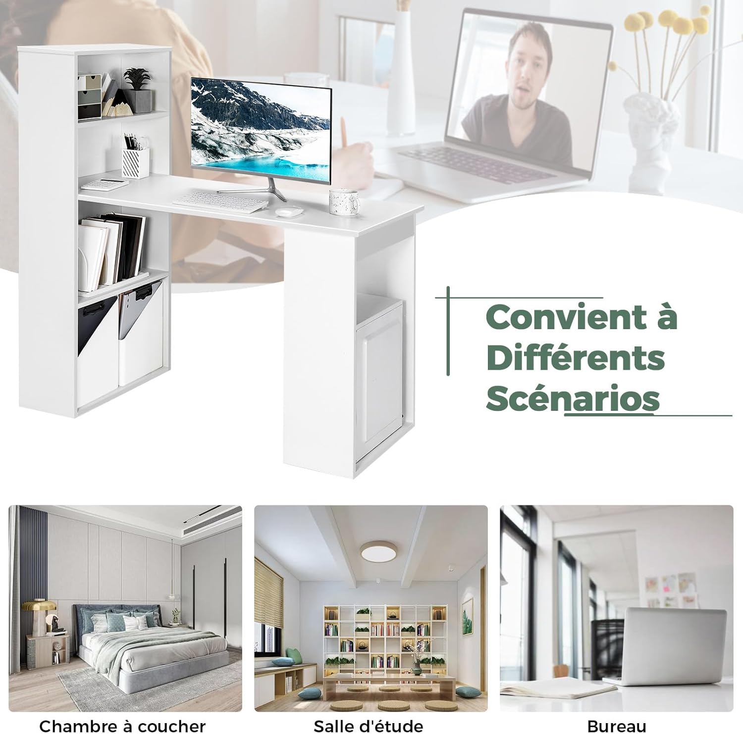 Bureau d'Ordinateur Réversible avec Bibliothèque,Assemblage Facile, pour Maison, Bureaux (Blanc) - 7