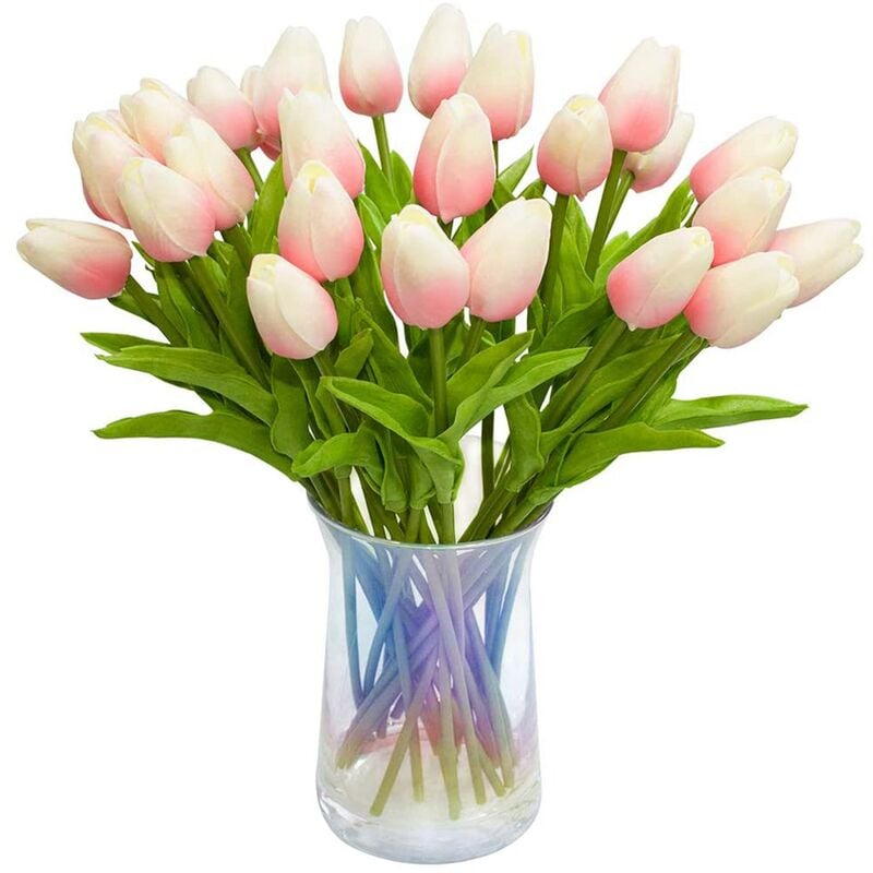 30 Sztuk Sztucznych Kwiatów Real Touch Faux Hollande PU Tulip Bukiet Lateksowy Biały Tulipan (Jasny)