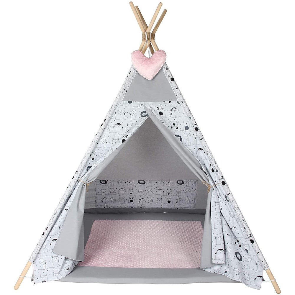 Tente Teepee Indien HOMCOM – 1,2 X 1,2 X 1,55 M, Toile Poly-coton Gris/blanc, Structure Bois Sapin, Porte Fenêtre, Tapis Coussin, Sac Transport, Intérieur/extérieur, EN 71, Dès 3 Ans