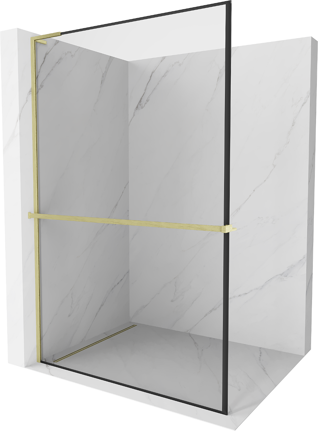 Mexen Kioto+ L ścianka prysznicowa z półką Walk-in 100 x 200 cm, czarna ramka, złota szczotkowana - 800-100-123-55-70