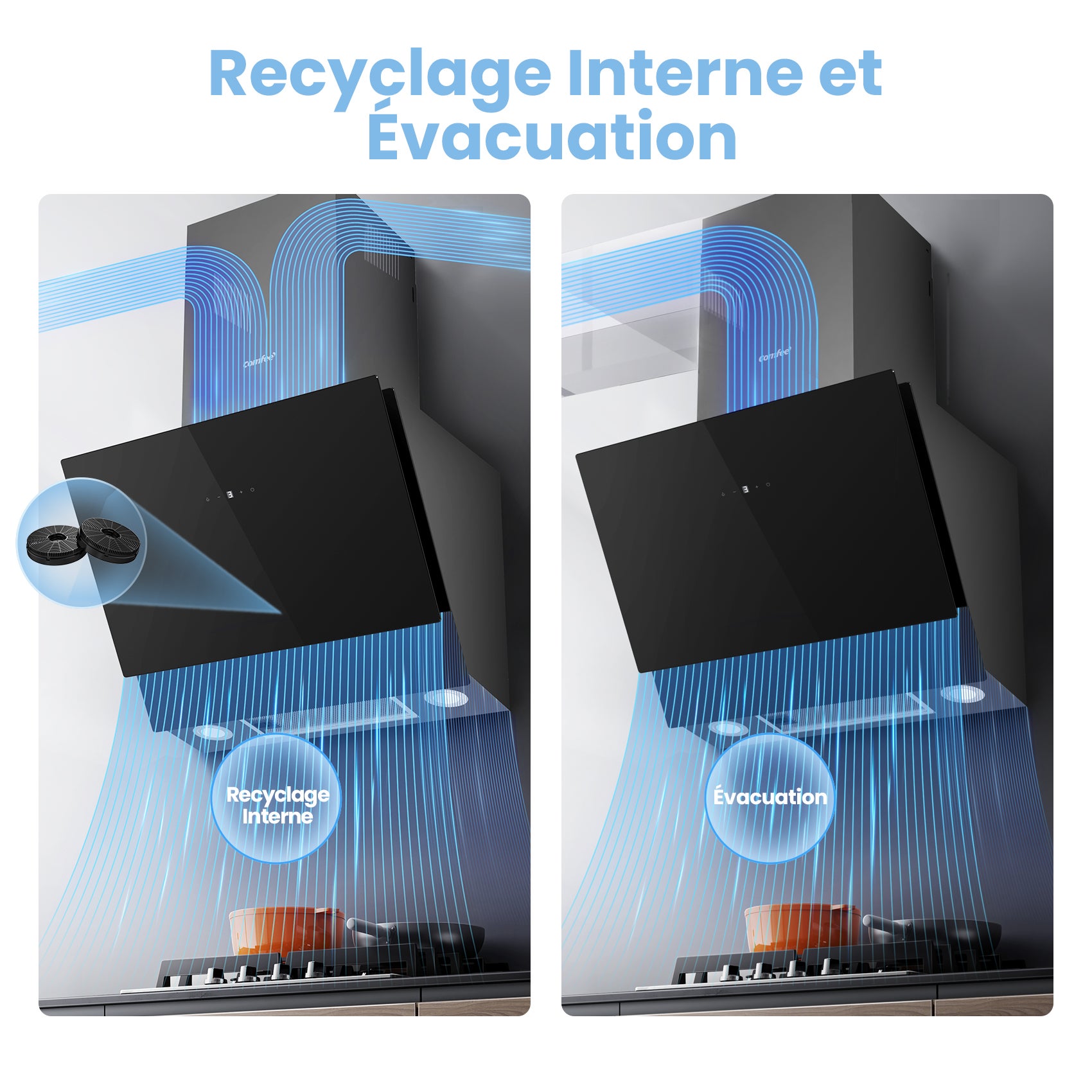 COMFEE Hotte Aspirante Inclinée 60cm - 650m³/h - Classe A+++ - Commandes Gestuelles - 4 vitesses - 2*1.5W LED - 2 Filtres - Verre Noir - 4