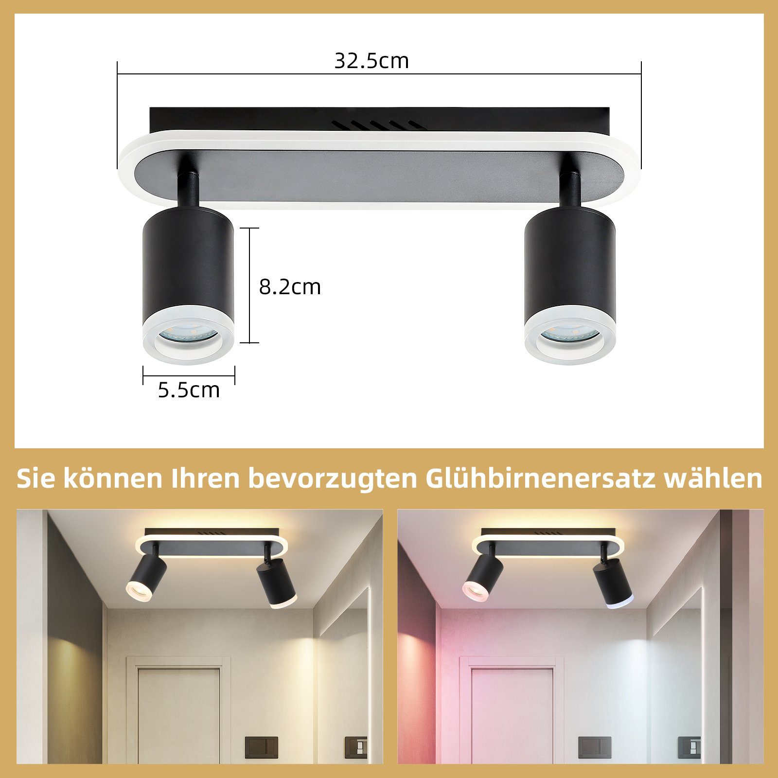 NETTLIFE 2 spots de plafond LED noir GU10 en métal, orientables à 330°, pour chambre couloir salle à manger cuisine salon, lumière blanc chaud - 8