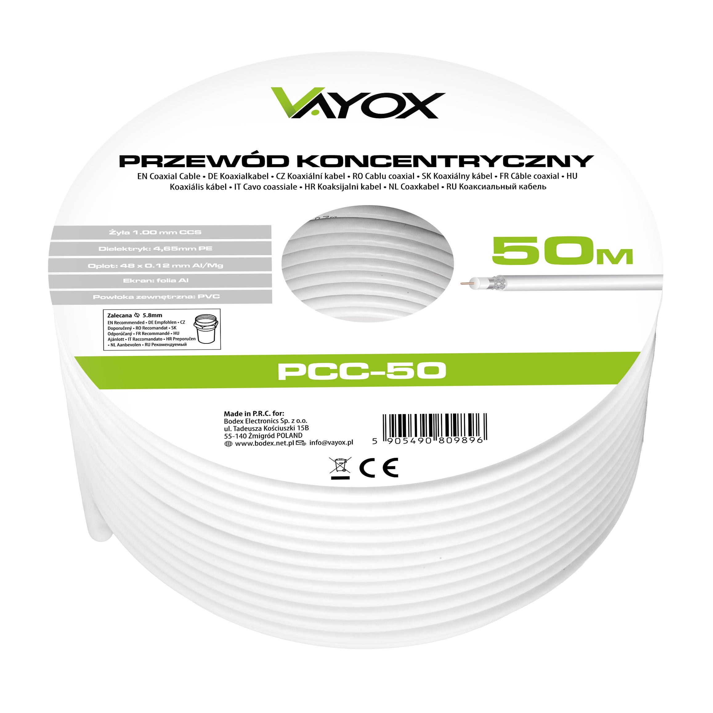 Kabel koncentryczny RG6U 50m PCC-50 Vayox