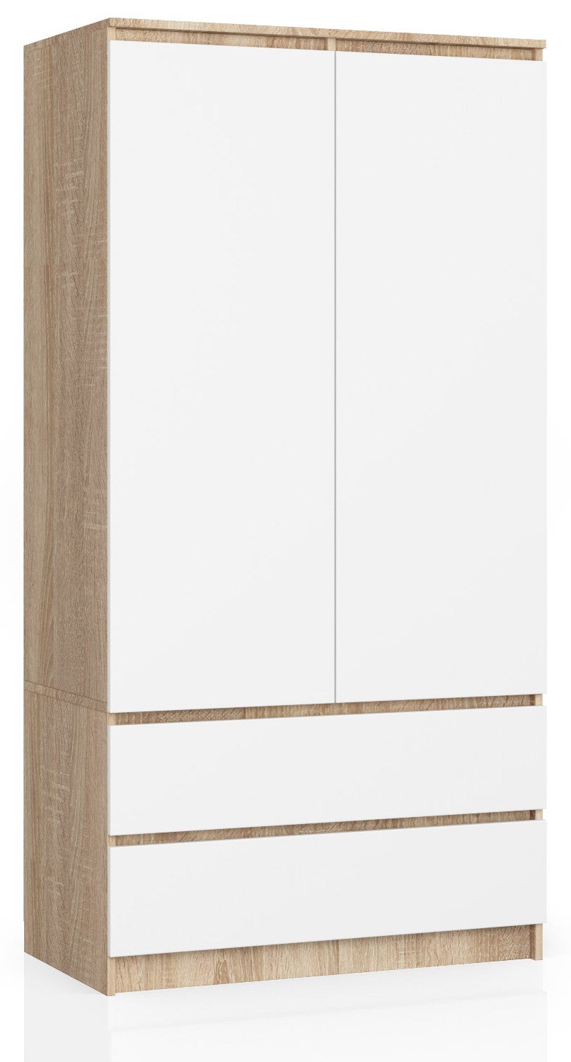 Szafa: 2 drzwi / 2 szuflady, 90 x 180 x 51 cm, dąb sonoma i matowa biel
