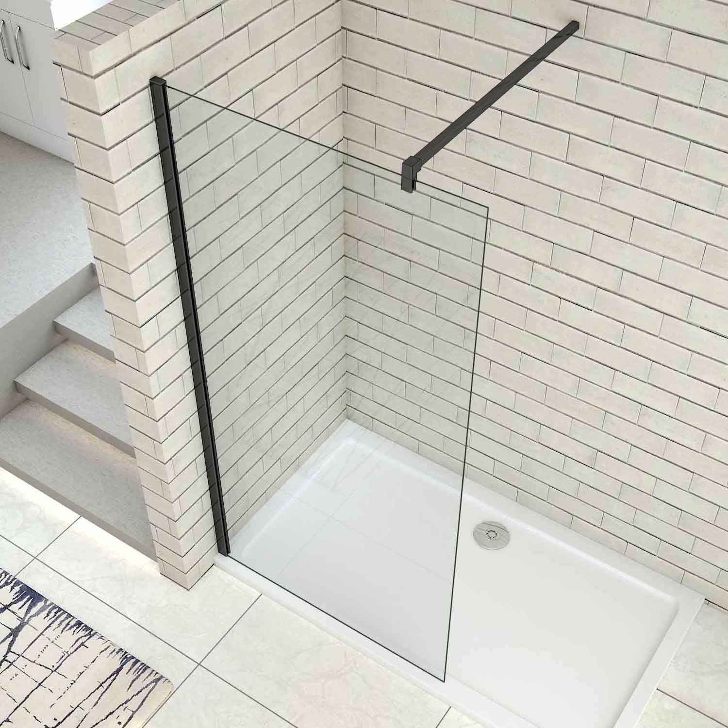 AICA Painel de duche Fixo de folha única Vidro Anti-calcário 8mm com uma Barra de 90cm Perfil Preto fosco Tamanho(78-80)x200cm - 2