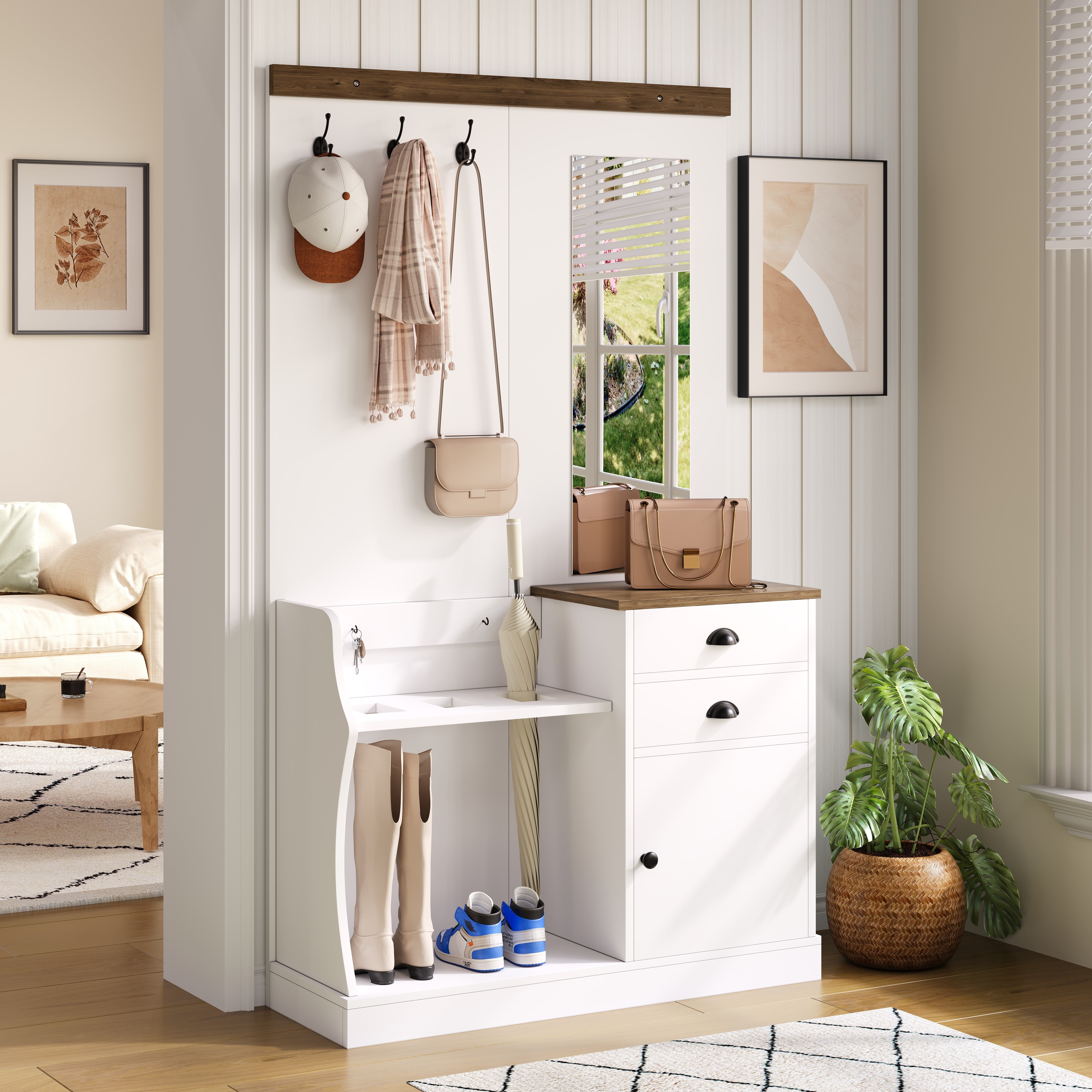 Zestaw szaf do przedpokoju 110,5x38x191 cm - z lustrem i haczykami - 2 szuflady i 1 drzwi - ze stojakiem na parasole - biały