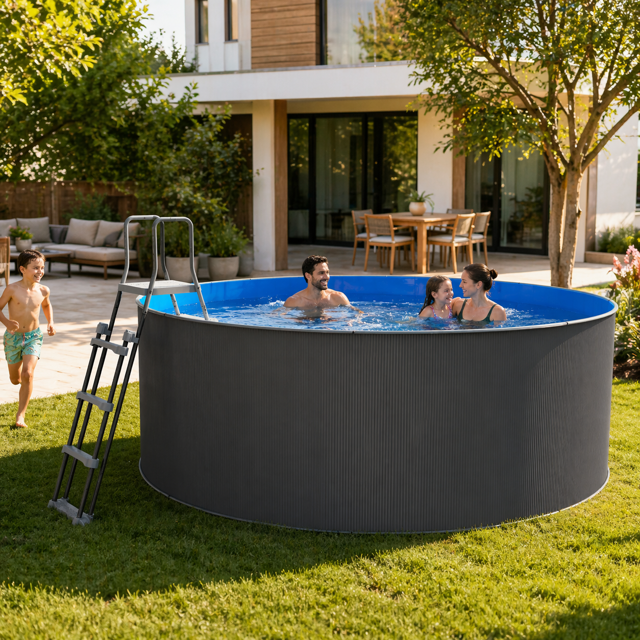 Piscina elevada redonda em aço antracite sem obras 460 x 120 cm - 7