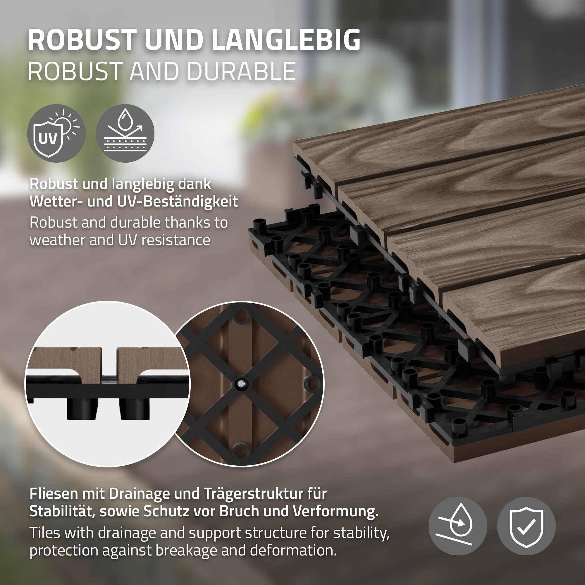 ECD Germany plytki tarasowe wpc 30x30 cm 22 sztuk 2m² kwadratowy ciemnobrazowe panele podłogowe klik odpływ wodny balkon taras ogród patio weranda - 3