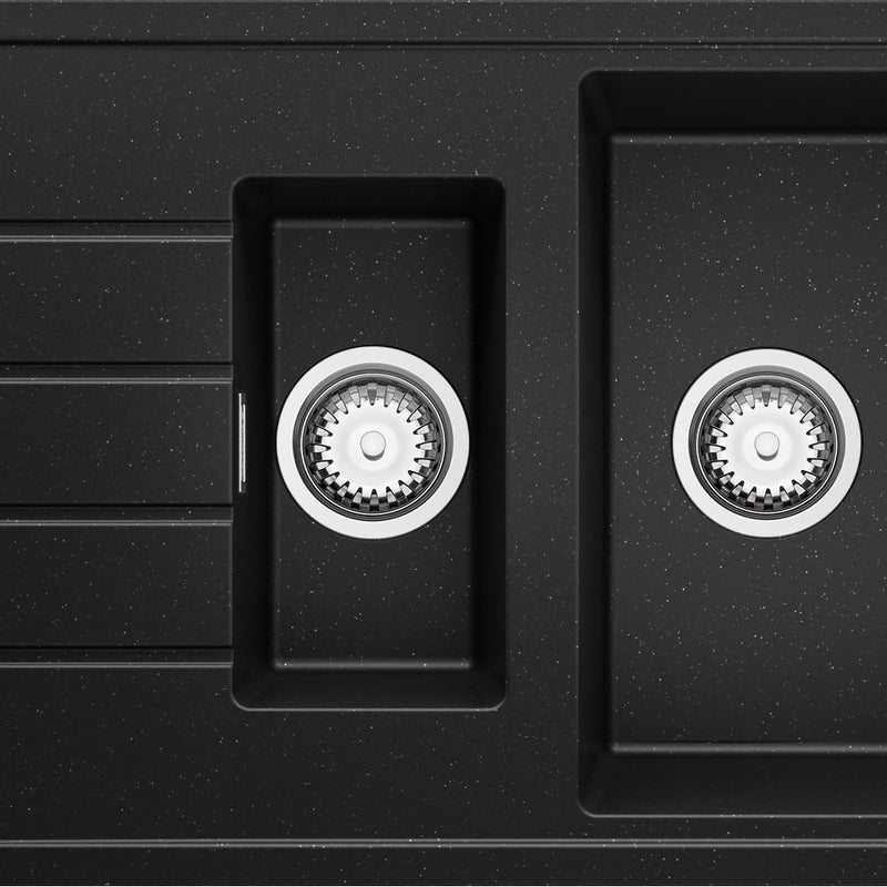 Zlewozmywak Czarny Metalik 90x50cm, Zlew Kuchenny 1,5 Komorowy + Syfon, Nablatowy do szafki od 60cm - Kopenhaga Duo PRIMAGRAN