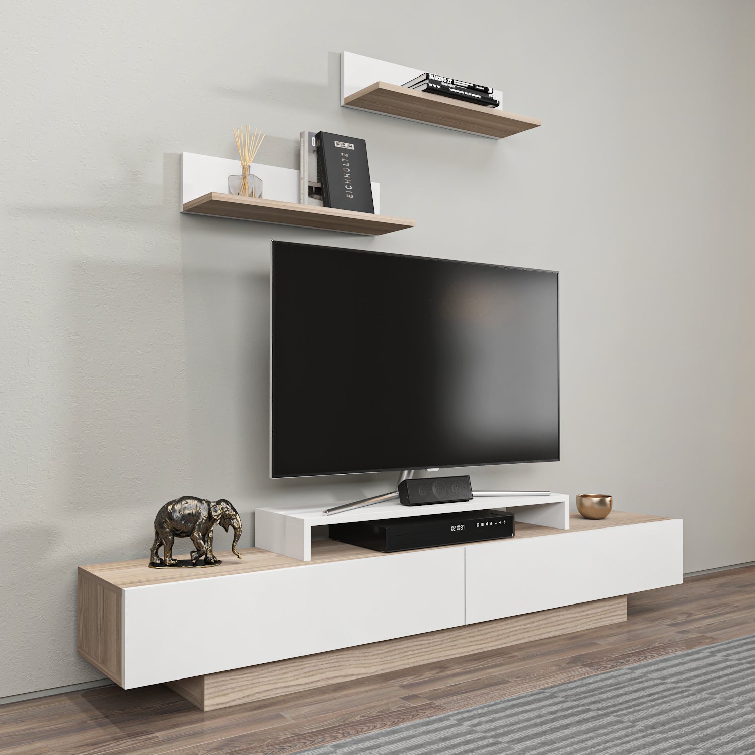 Meuble tv decorotika lusi 180 cm | compatible tv jusqu’à 80 pouces | 2 armoires et 2 étagères murales (cordoba) - 3