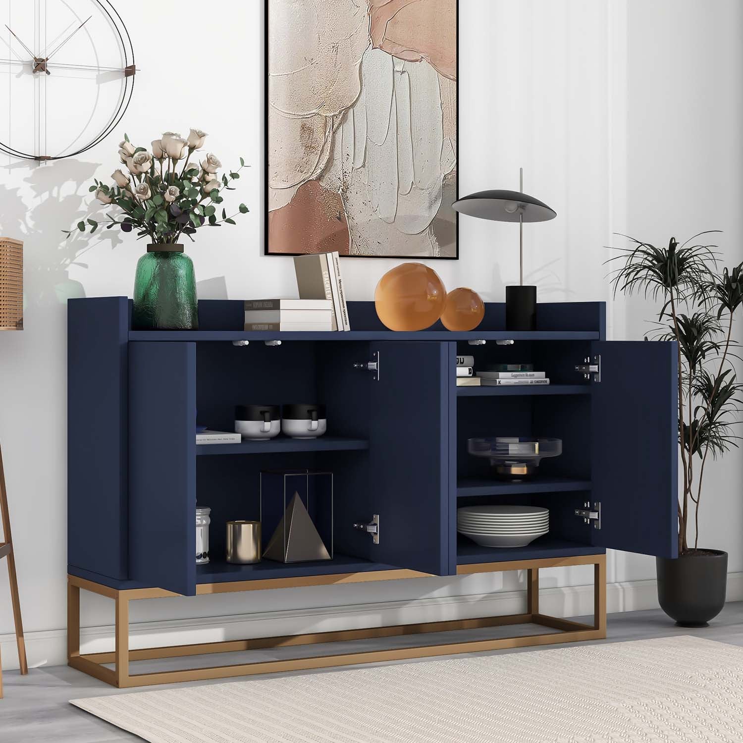 Credenza con 4 ante senza maniglia - stile contemporaneo - legno + metallo - blu - 4