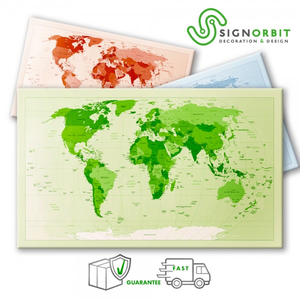 Mapa geográfico - planisferio impresión en lienzo montada en bastidor de madera 166x100 cm verde