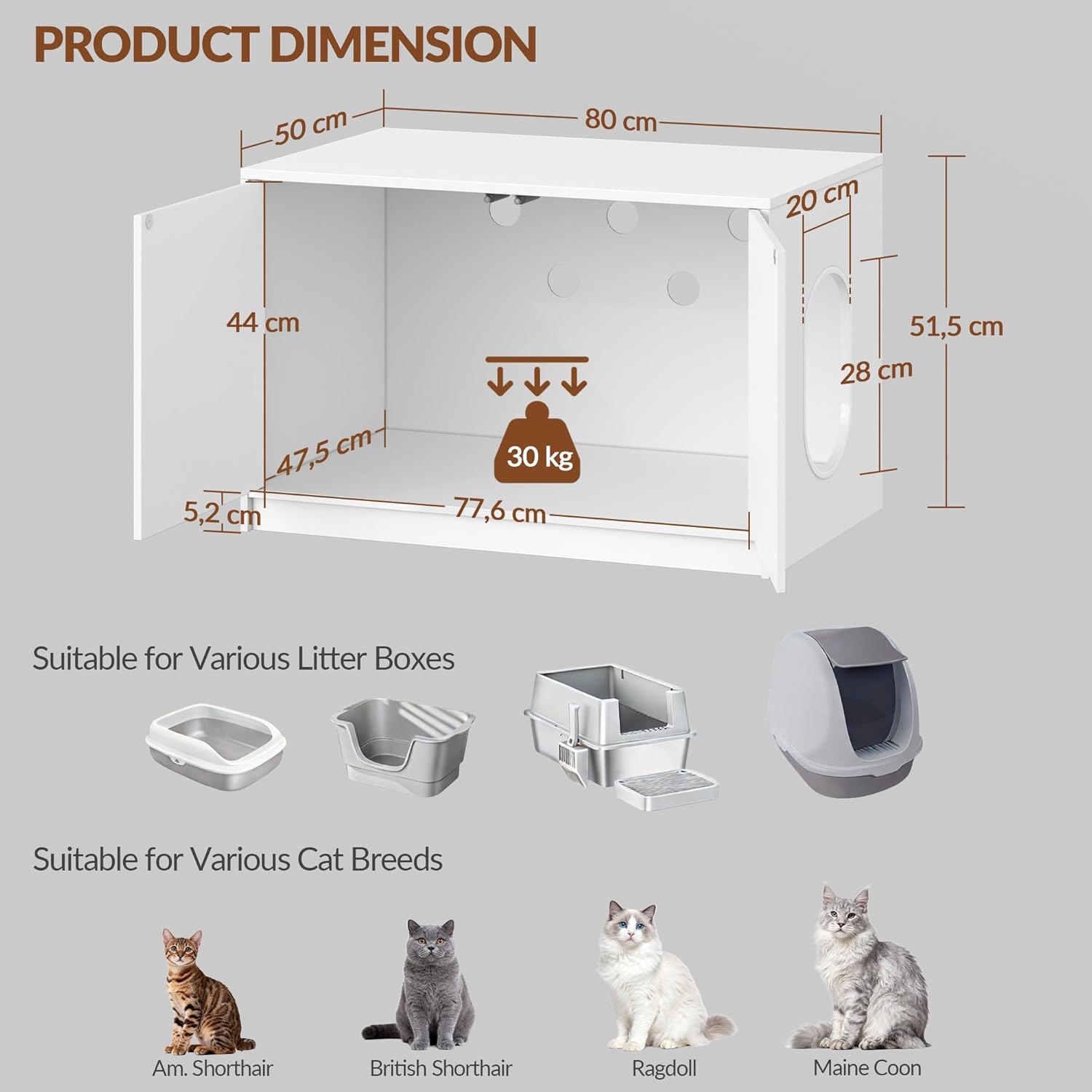 Móvel para caixa de areia para gatos, casa sanitária para gatos com portas de abertura por pressão e orifícios de ventilação, branca - 8
