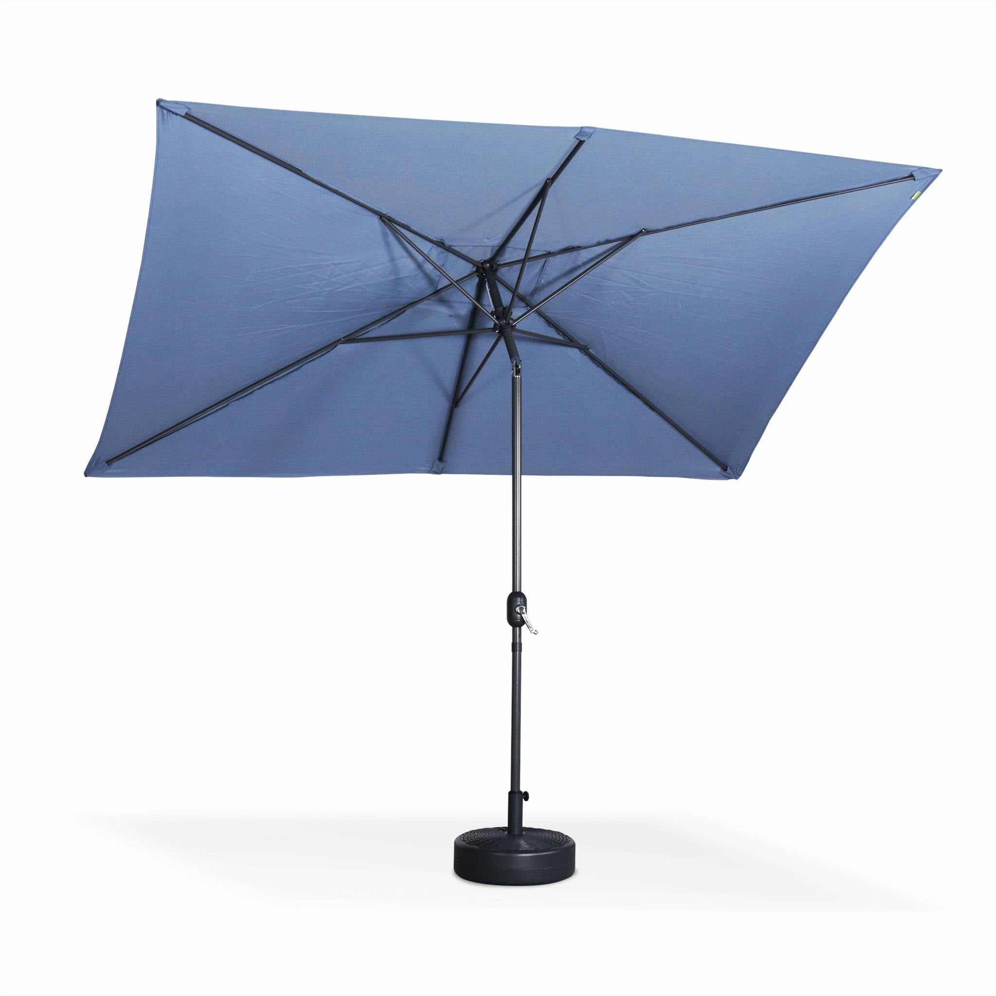 Parasol droit rectangulaire 2x3m - Touquet bleu grisé - mât central en aluminium orientable et manivelle d'ouverture - 4