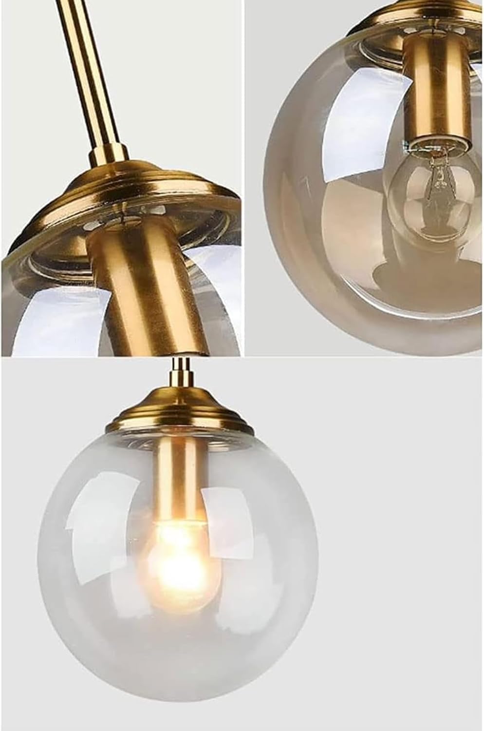 Lustre industriel rétro en laiton, 3 ampoules, sphères en verre ambré, lustre à grappes, culot E27. - 4