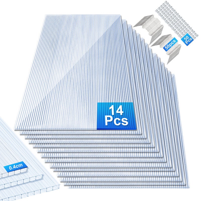 14x policarbonato alveolar 4mm 10,25 m² placa doble pared,50x grapas + 50x clips z