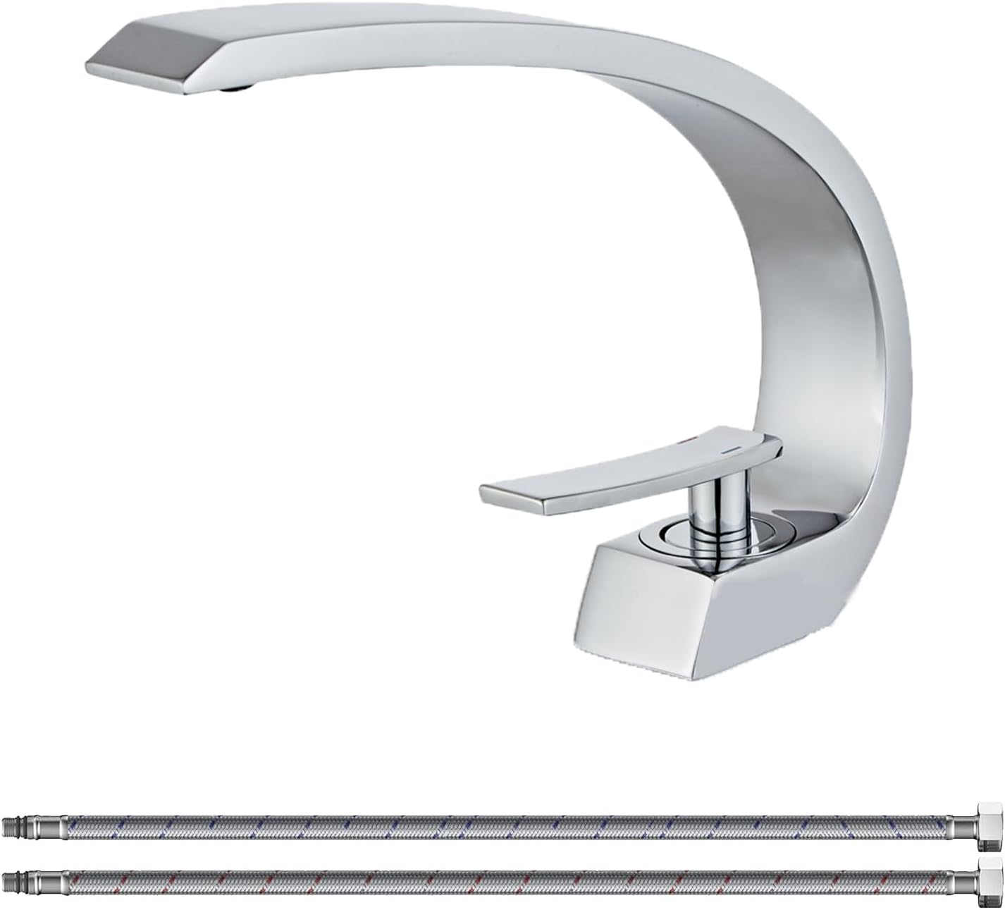 Chromowana bateria umywalkowa do łazienki z wężem doprowadzającym wodę, bateria umywalkowa jednootworowa o unikalnym wzornictwie