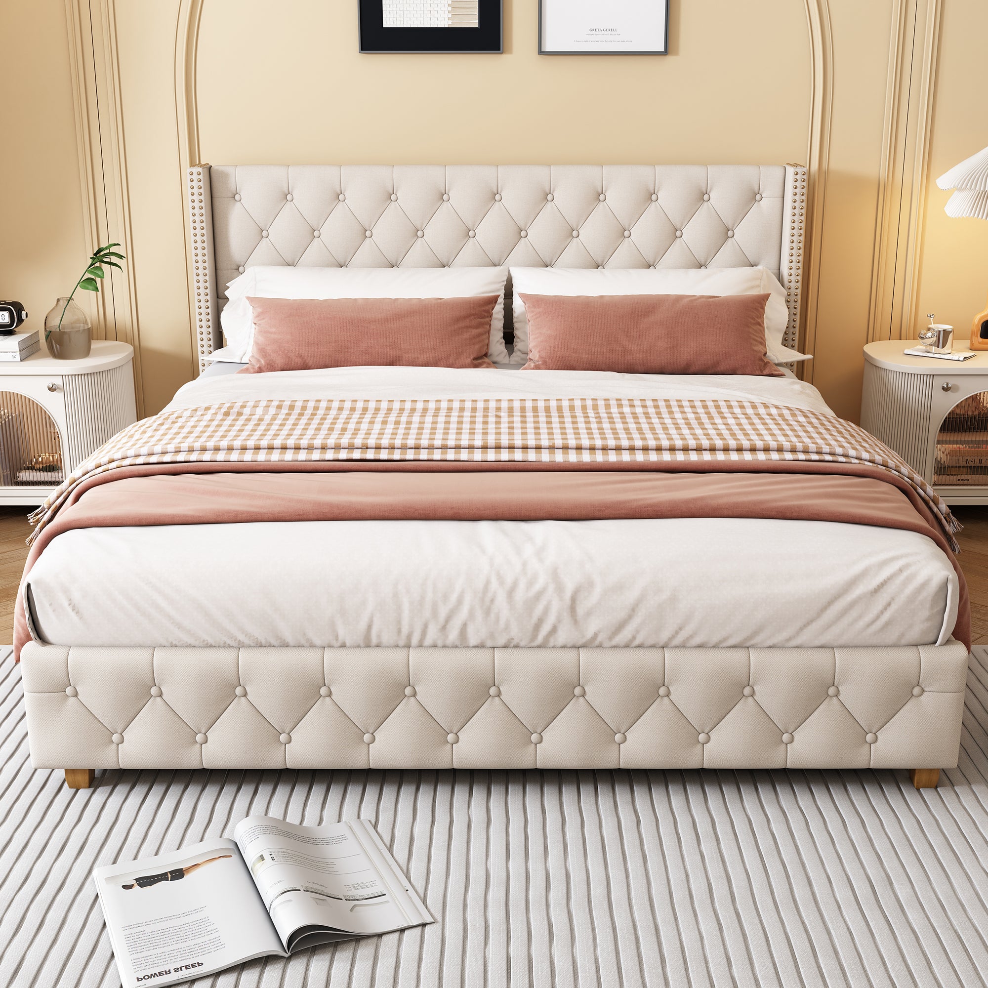 Lit Double 140x190 cm - Lit Classique Beige en Lin - Tête de Lit Capitonnée, Sans Matelas - 6