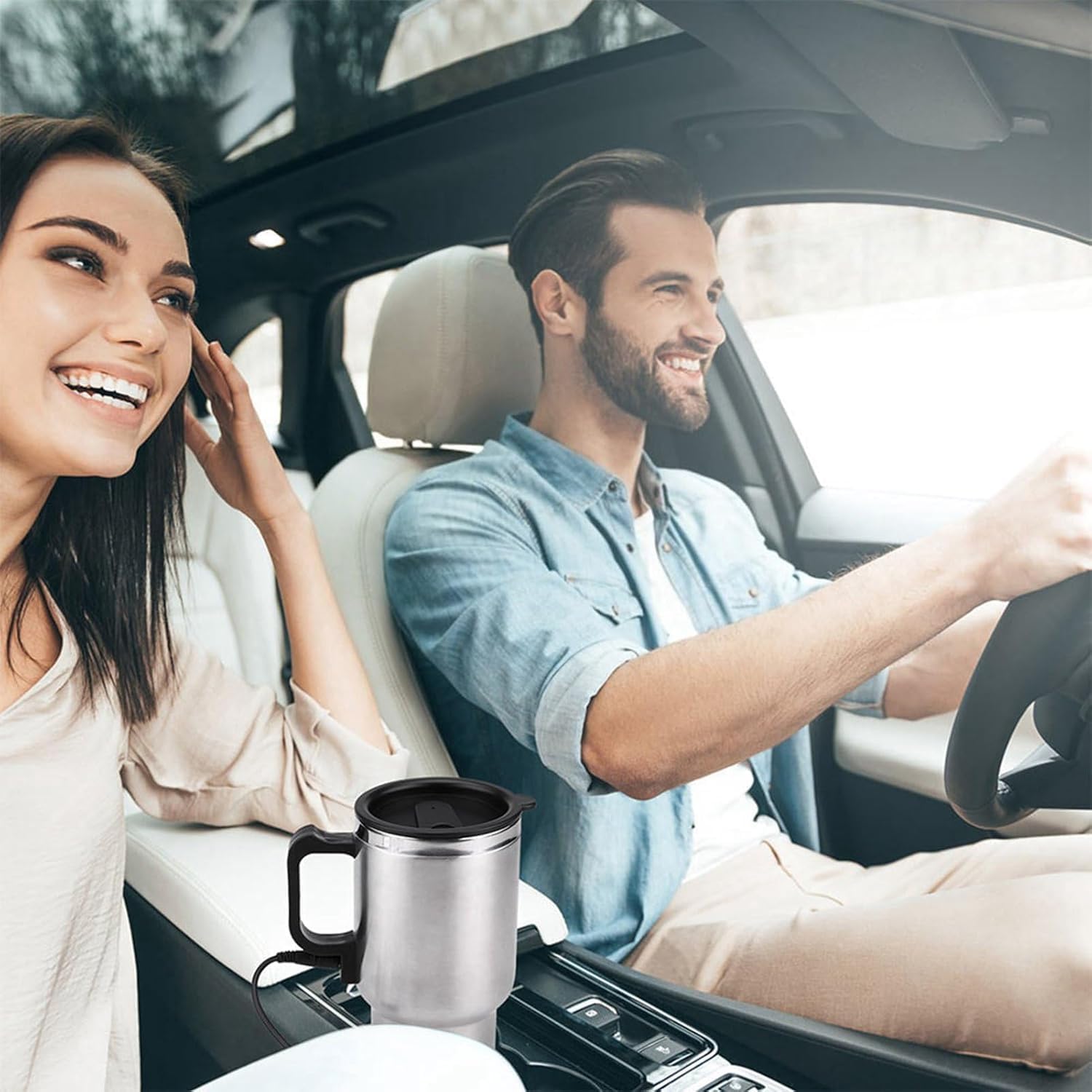 Czajnik elektryczny do samochodu 12 V, kubek podróżny ze stali nierdzewnej o pojemności 450 ml do podgrzewania wody, kawy i herbaty; wtyczka do świat - 2