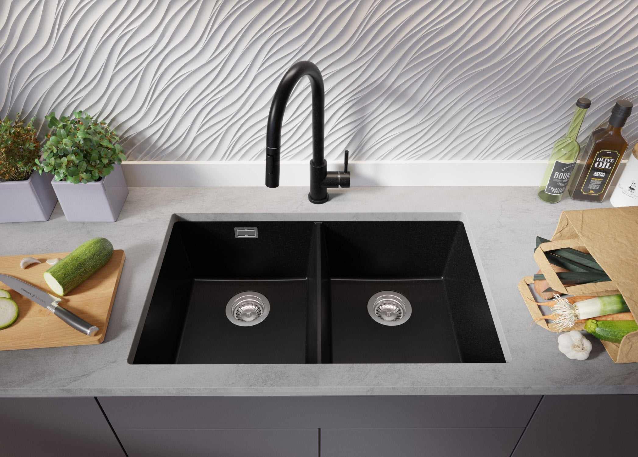 Evier Sous Plan Tout Noir 76x47cm, Evier en Granit 2 bacs + Kit de Vidage, Évier au meuble 80cm - London Twin PRIMAGRAN - 3