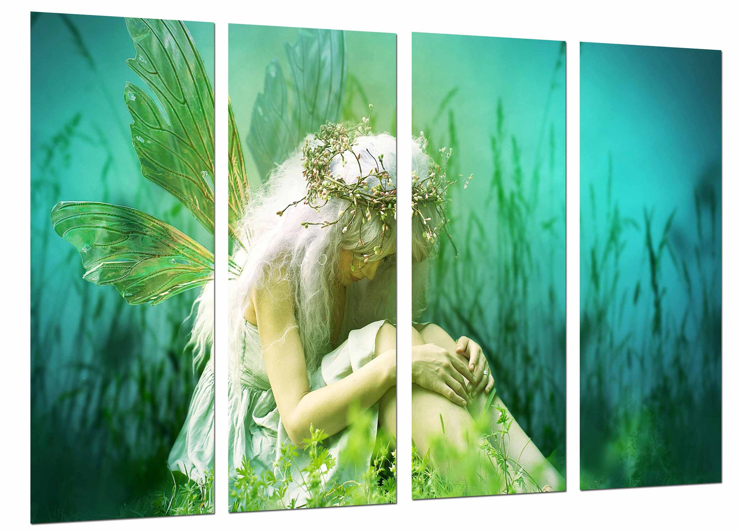 Fantasia mujer rubia, hada alas triste naturaleza verde, impresión fotográfica sobre madera, cuadro moderno decorativo