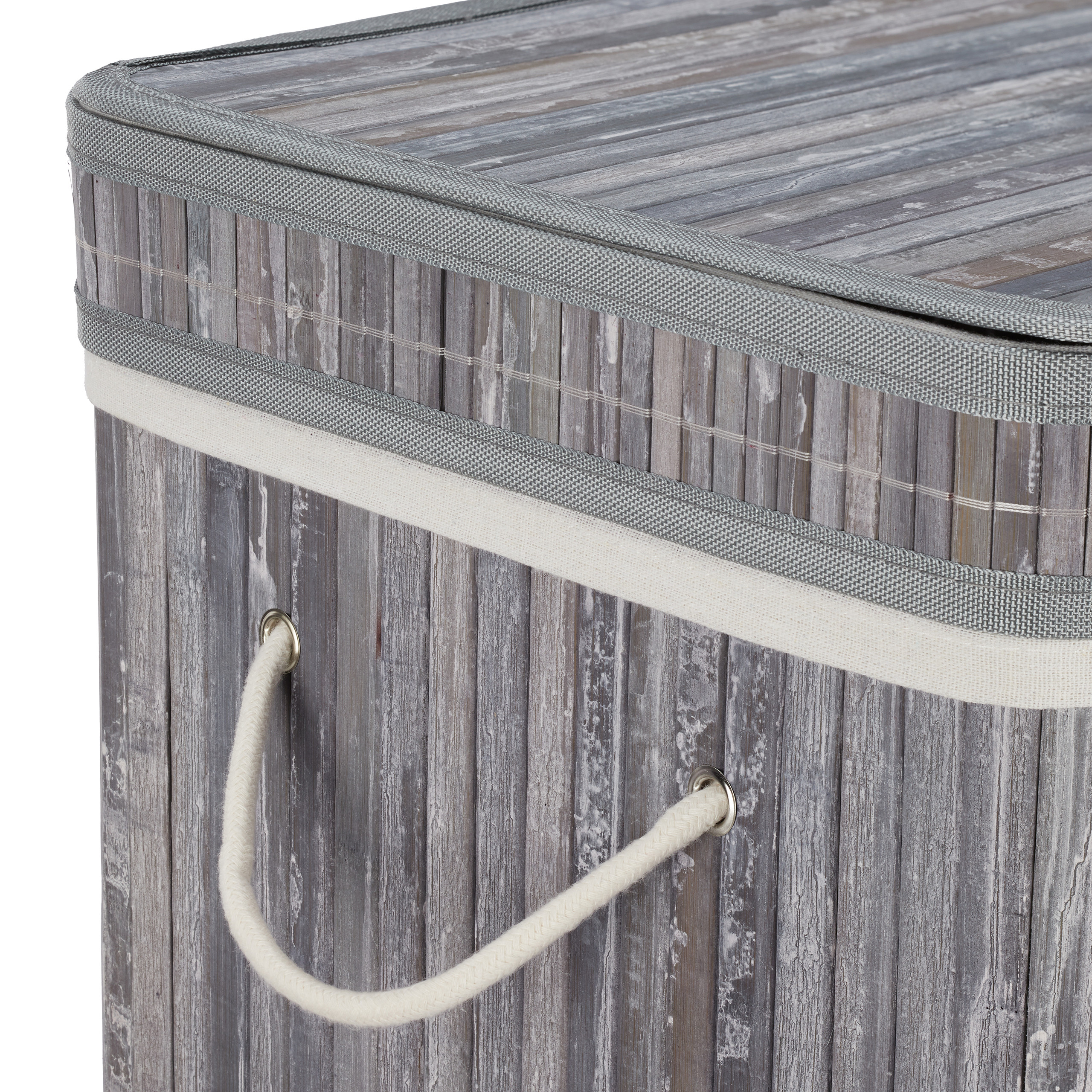 Corbeille à linge pliable, Bambou, avec anse, 70 litres, couvercle, HxlxP 63 x 36 x 36 cm, gris, Relaxdays - 6