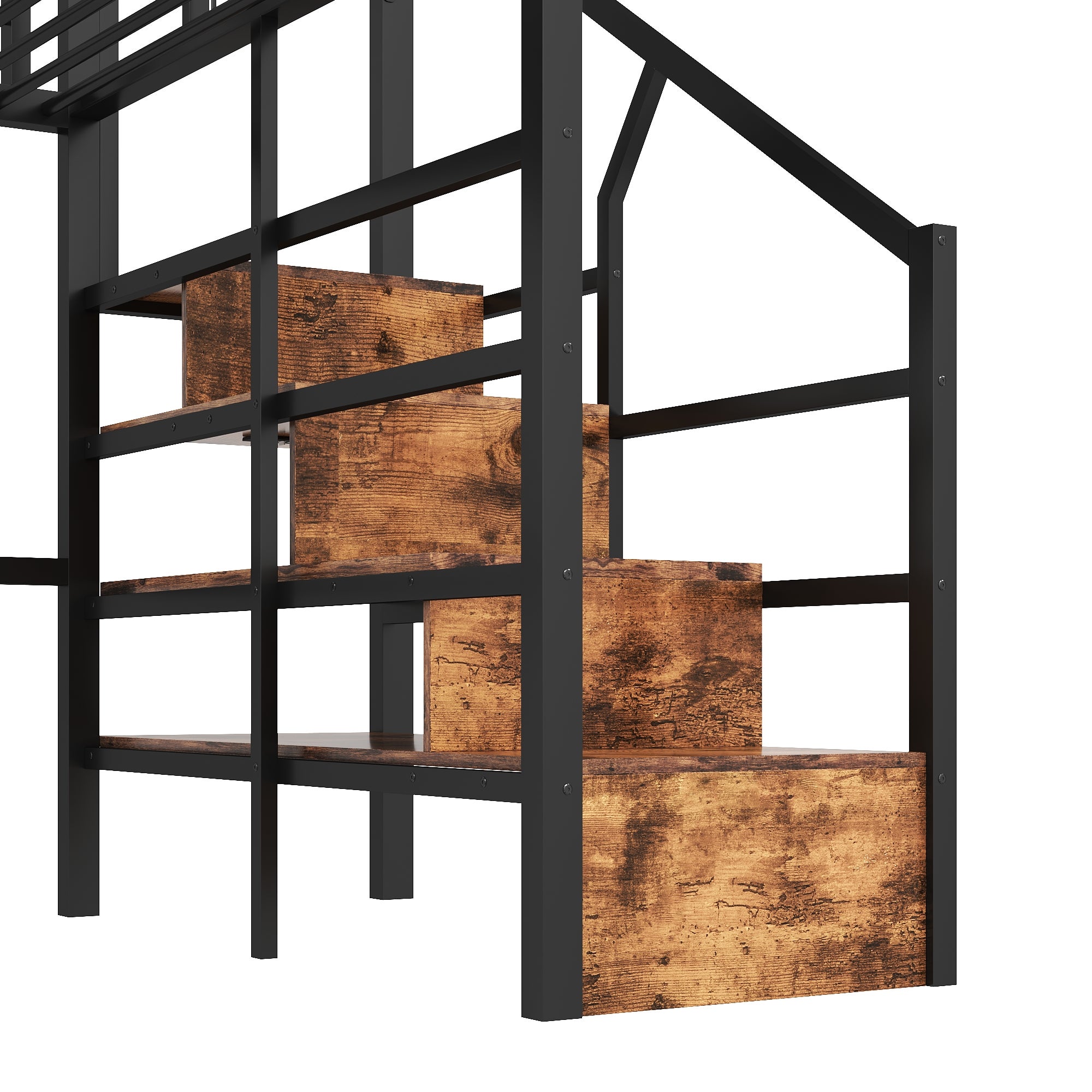 Lit mezzanine 140 x 200 cm cadre métal avec éclairage LED, escalier avec rangement intégré, espace libre aménageable dessous, sans matelas, noir - 7