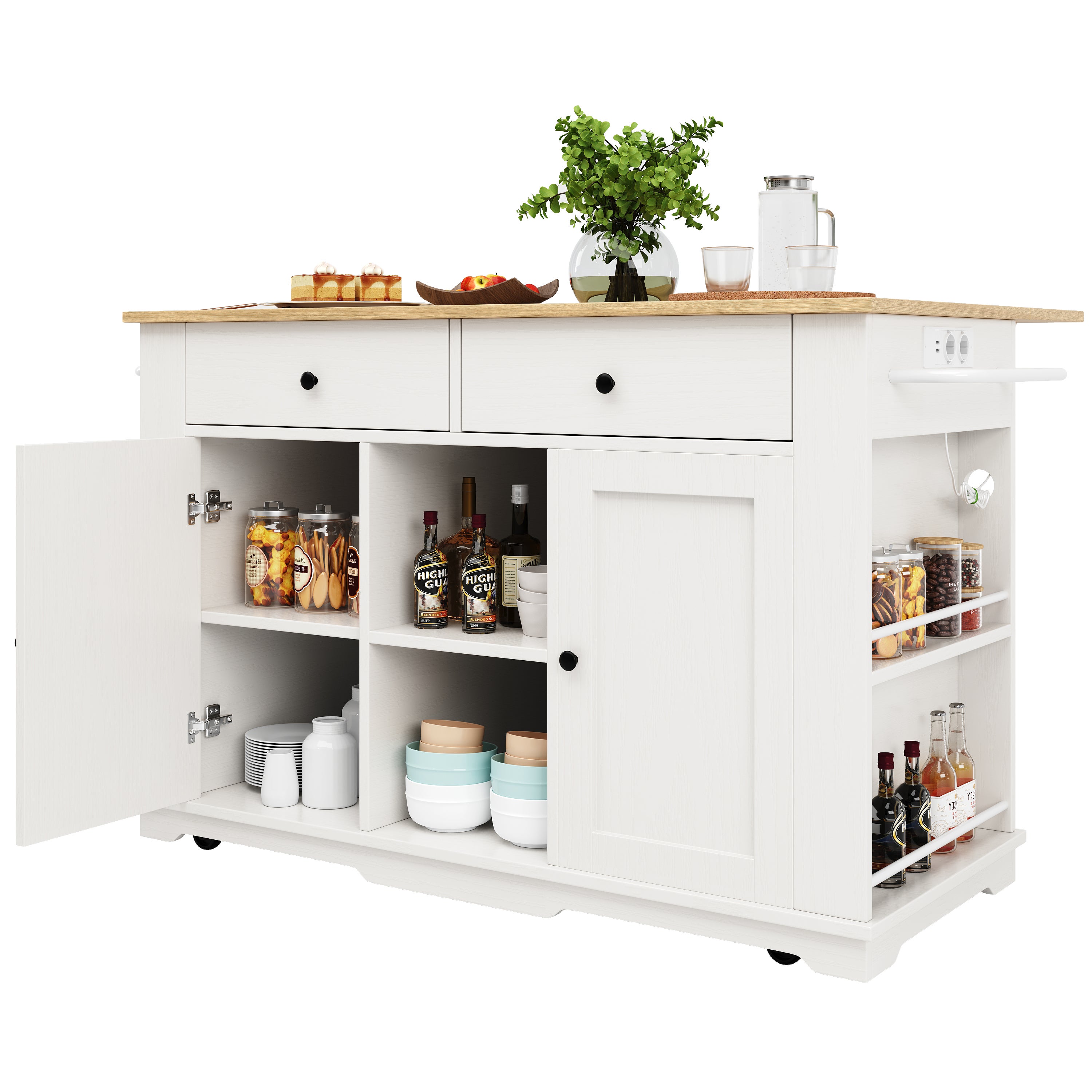 Kücheninsel / Speisewagen Mit Holzmaserung – 130x45(75)x92 Cm, Auf Rollen, Mit 3 Türen, Verstellbaren Regalen & Handtuchhalter, Schwarz