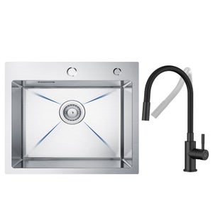 Lavello 75x45 Cm Lavello Cucina A Cascata In Acciaio Inox - Con Rubinetto Estraibile, Lavabicchieri E Tagliere Lavello 75x45cm Nero Grigio