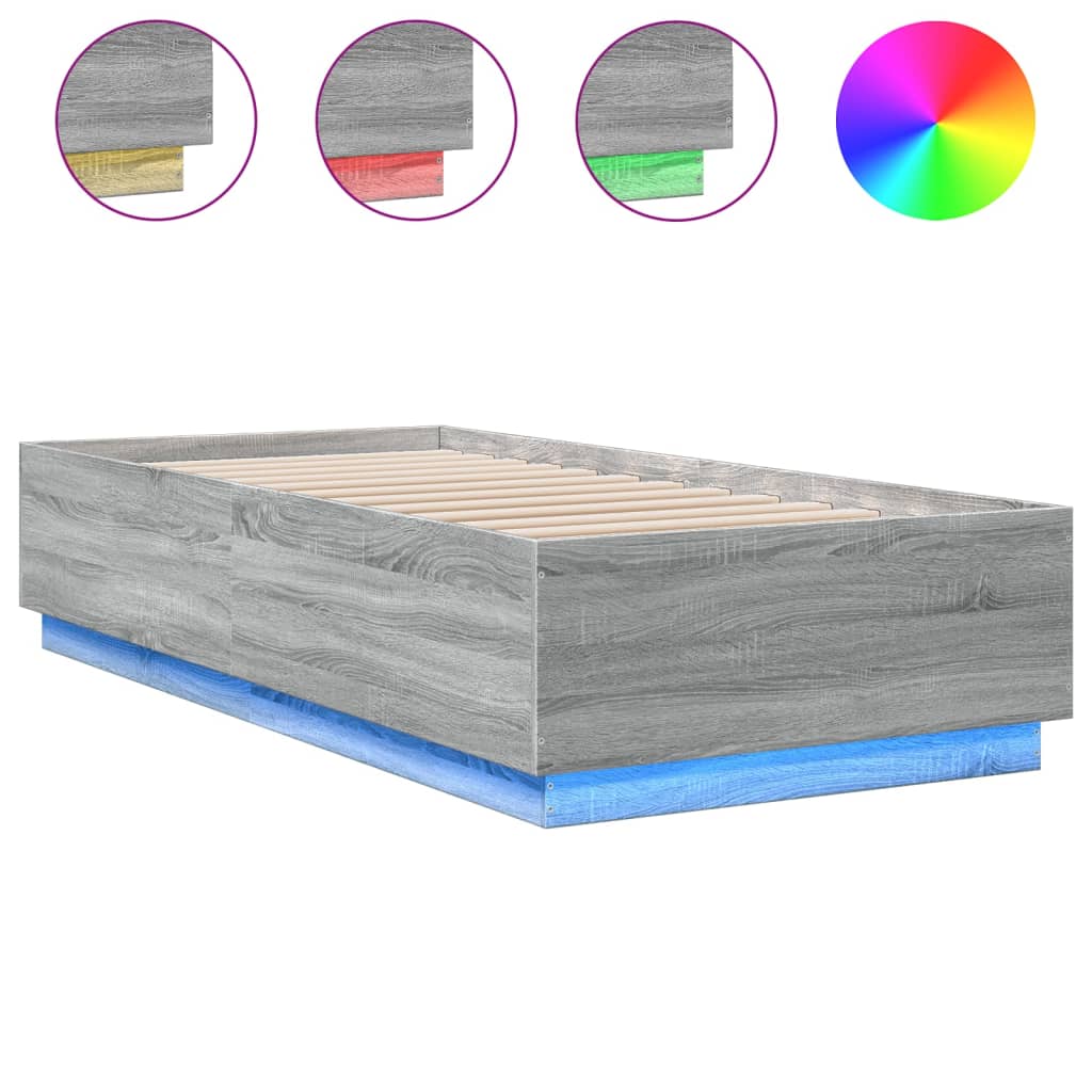 Łóżko Szare Rama Łóżka Ze Stelażem Do Sypialni Pokoju LED 100x200 cm