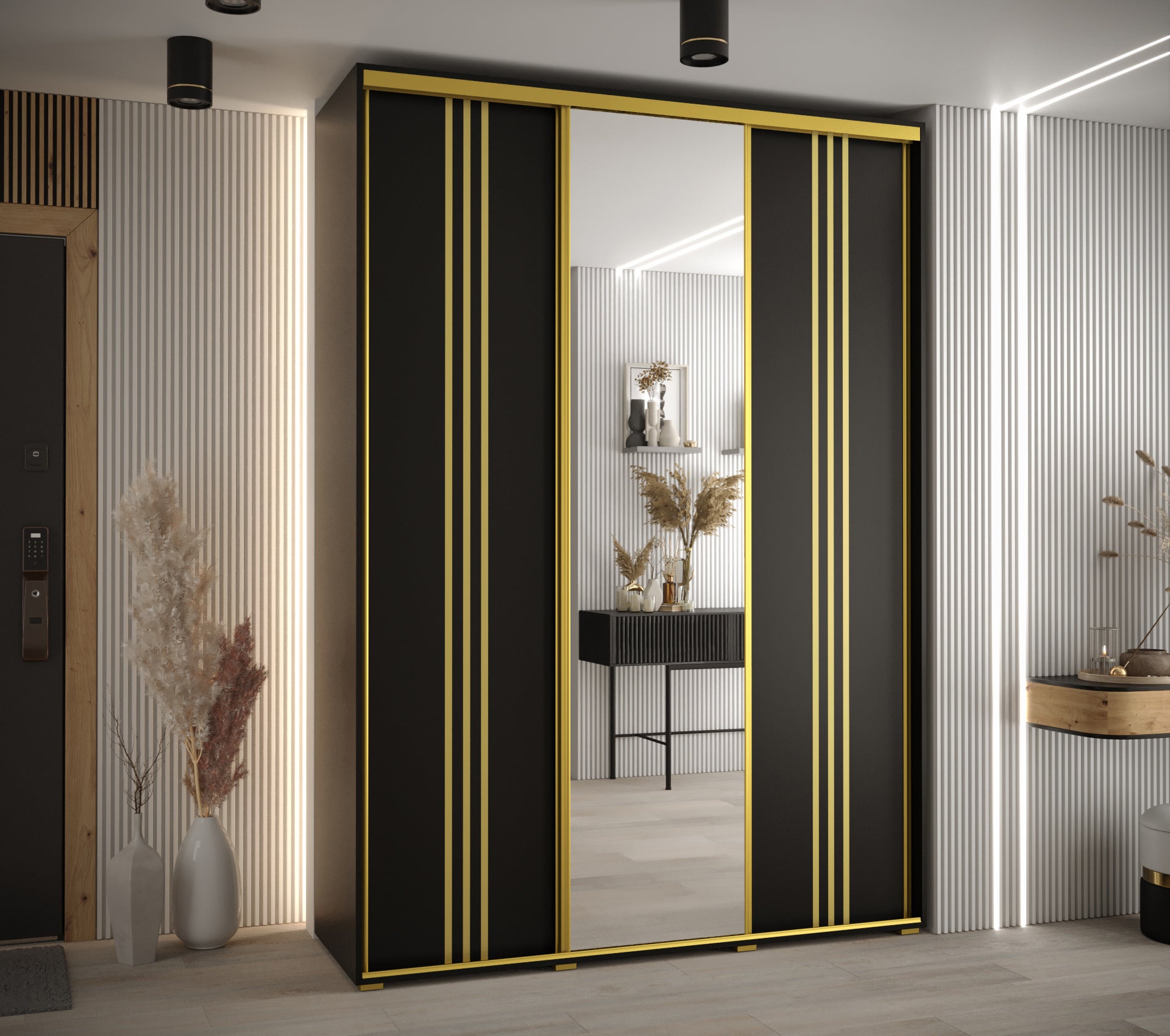 Szafa przesuwna z lustrem wysoka Davos 7 180 x 60 x 235,2 cm czarny + czarny + u. złoty - Abiks Meble - 2