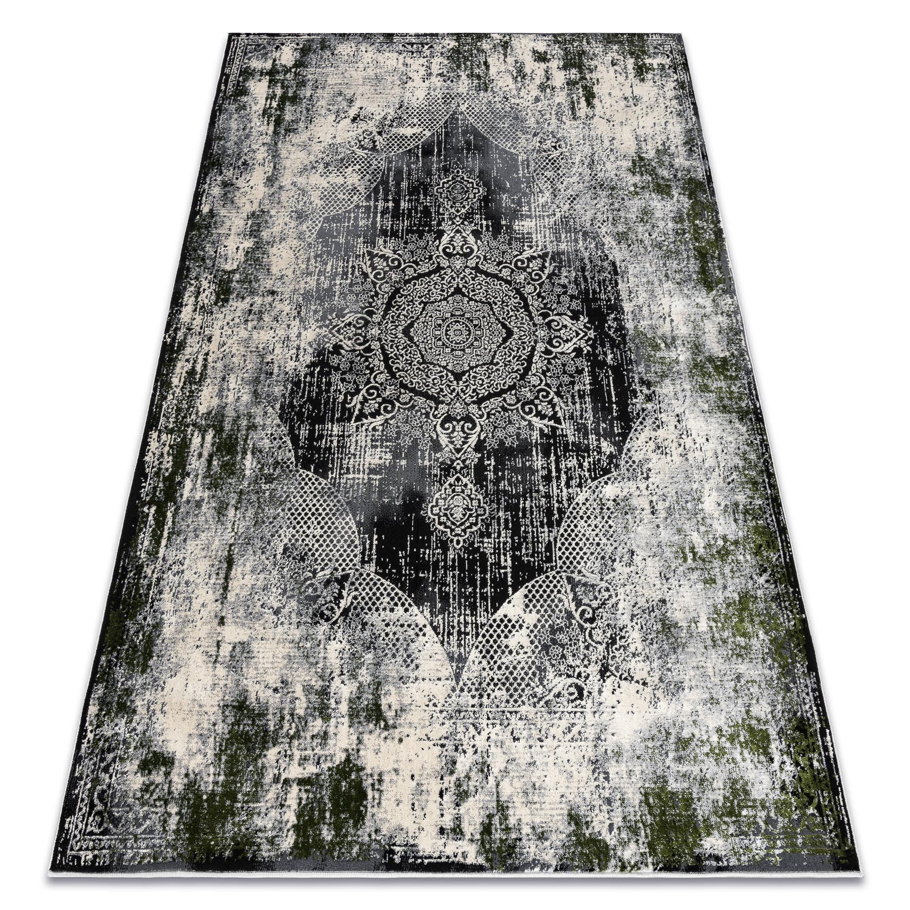 Dywan VINCI 1516 nowoczesny Rozeta vintage przecierany - Strukturalny kość słoniowa / zielony 80x150 cm