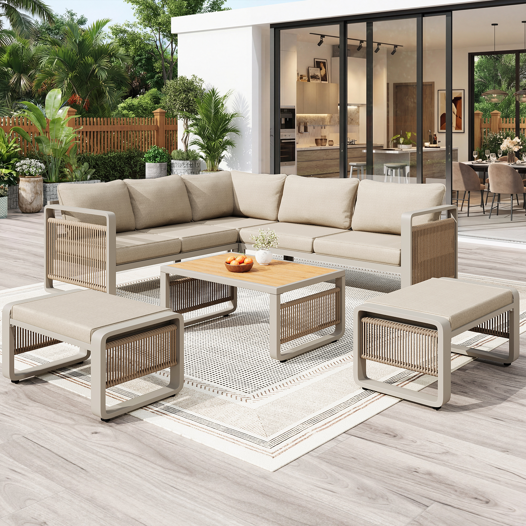 Salon de jardin corde tissée à la main pour 6-7 personnes,avec pieds de chaise réglables,Ensemble de canapé d'angle extérieur avec table basse,Beige - 9