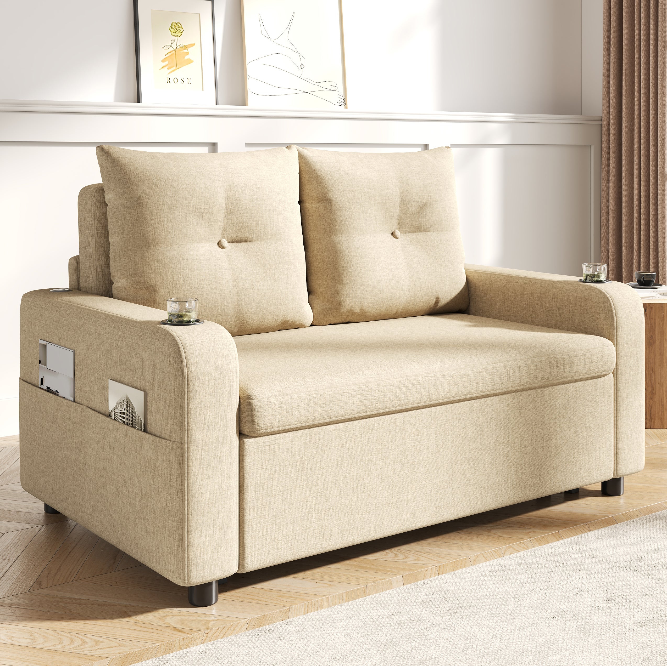 Sofa 2-osobowa z funkcją spania, uchwytem na kubek, portem USB i kieszeniami bocznymi - 131 x 81 x 94 cm - Tapicerka bawełniano-lniana - Beżowa - 2