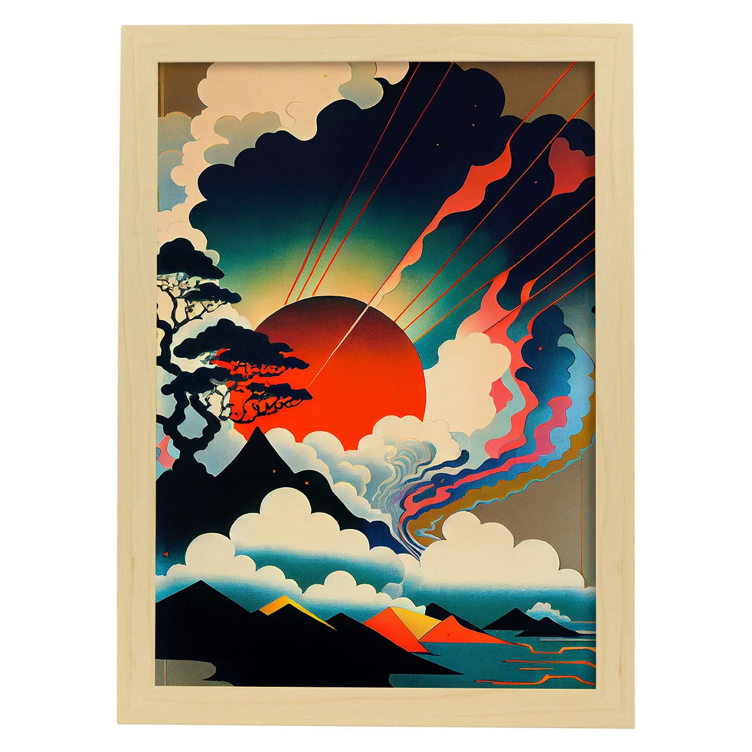 Nacnic poster amanecer en el estilo de arte japonés ukiyo paisajes abstractos y surrealistas en ilustraciones de arte oriental a3 marcos madera