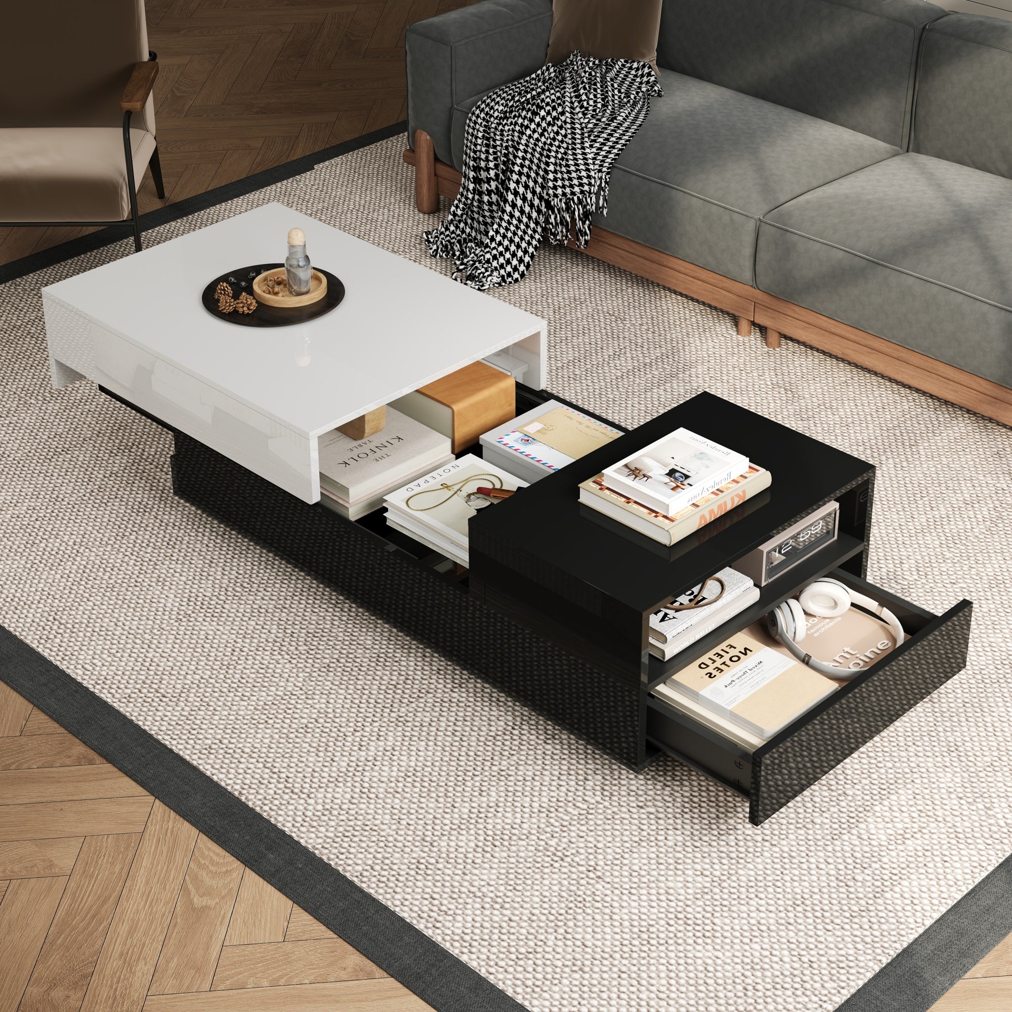 Stolik kawowy z 1 szufladą i przesuwanym blatem - 100 x 50 x 38 cm - Płyta wiórowa - Czarny + biały - 3