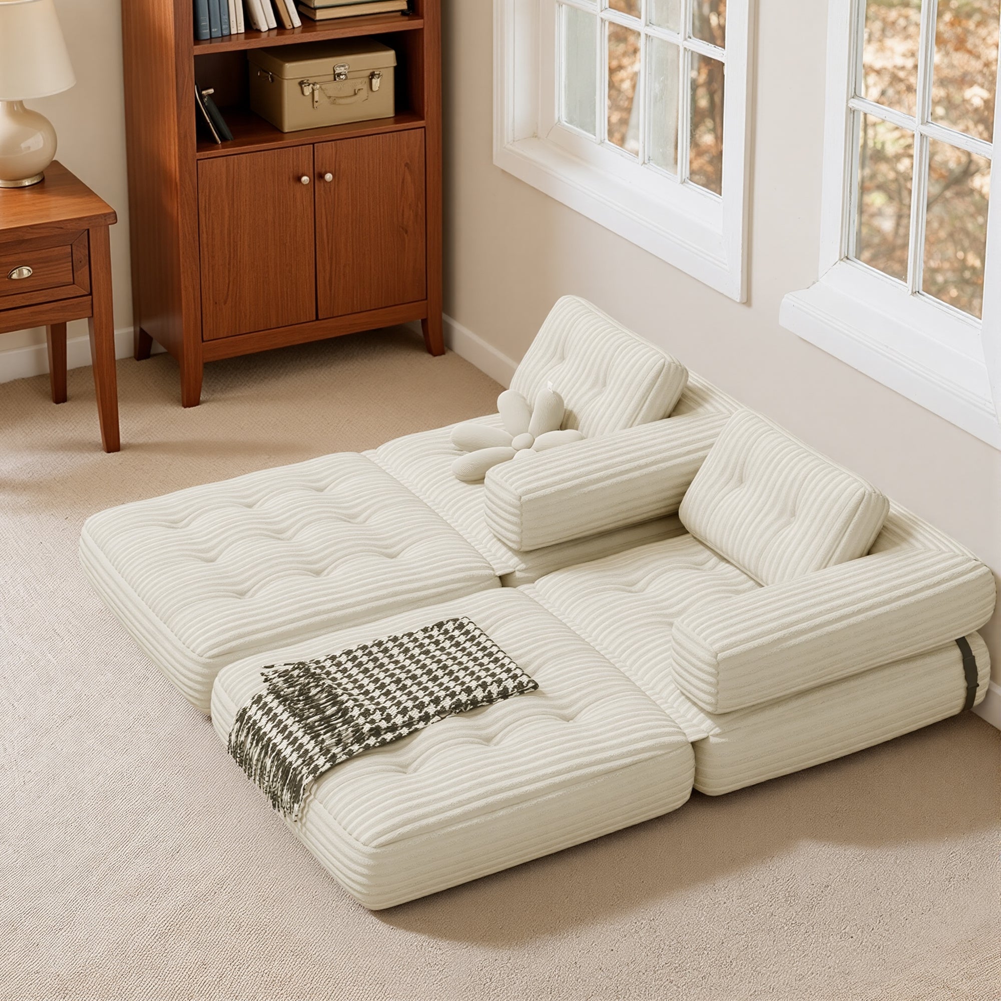 Bealife Sofá Conversível Poltrona-Cama Individual em L Branco Veludo Cotelado Travesseiro Longo 85 x 85 cm - 7