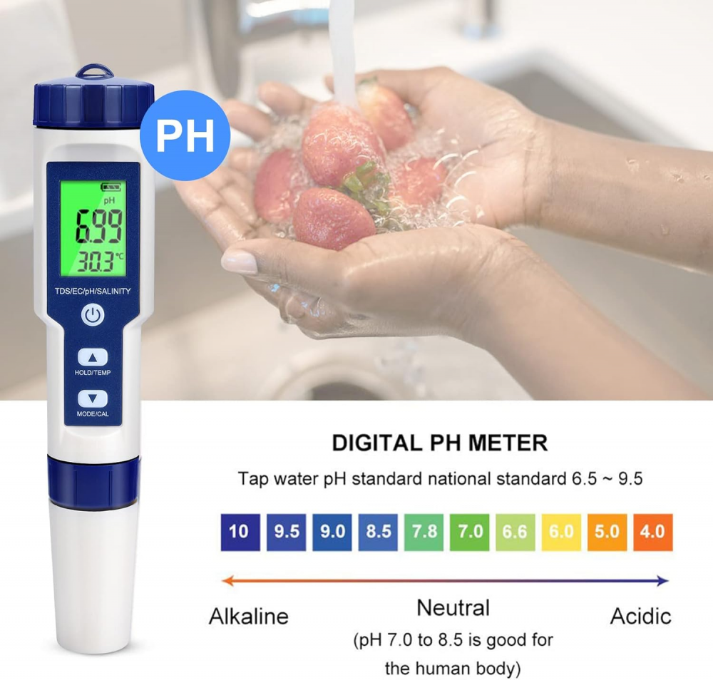 Testeur de pH électronique 5 en 1 avec rétroéclairage, pH/TDS/EC/salinité/température avec ATC, pH-mètre haute précision, résolution 0,01 - 3