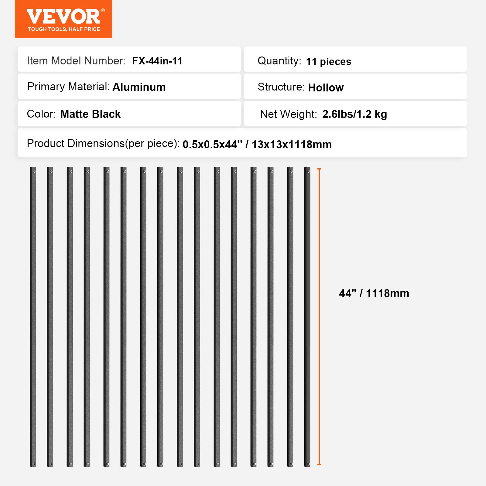 Balustres en métal,VEVOR 1118x13mm,tiges rampe carrées alliage d'aluminium,11balustres pont vis,balustrade droite creuse classique,revêtement - 7