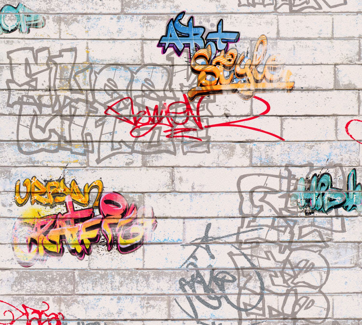 Tapeta graffiti szarym,pomarańczowymIniebieskim - 53 cm x 10.05 m - A.S. CRÉATION